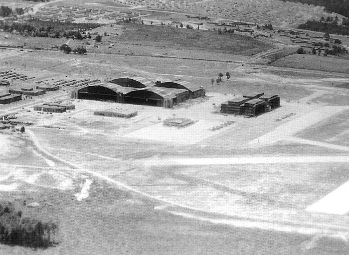 Aerial view of Robins Air Depot aircraft hangars, 1943/1944