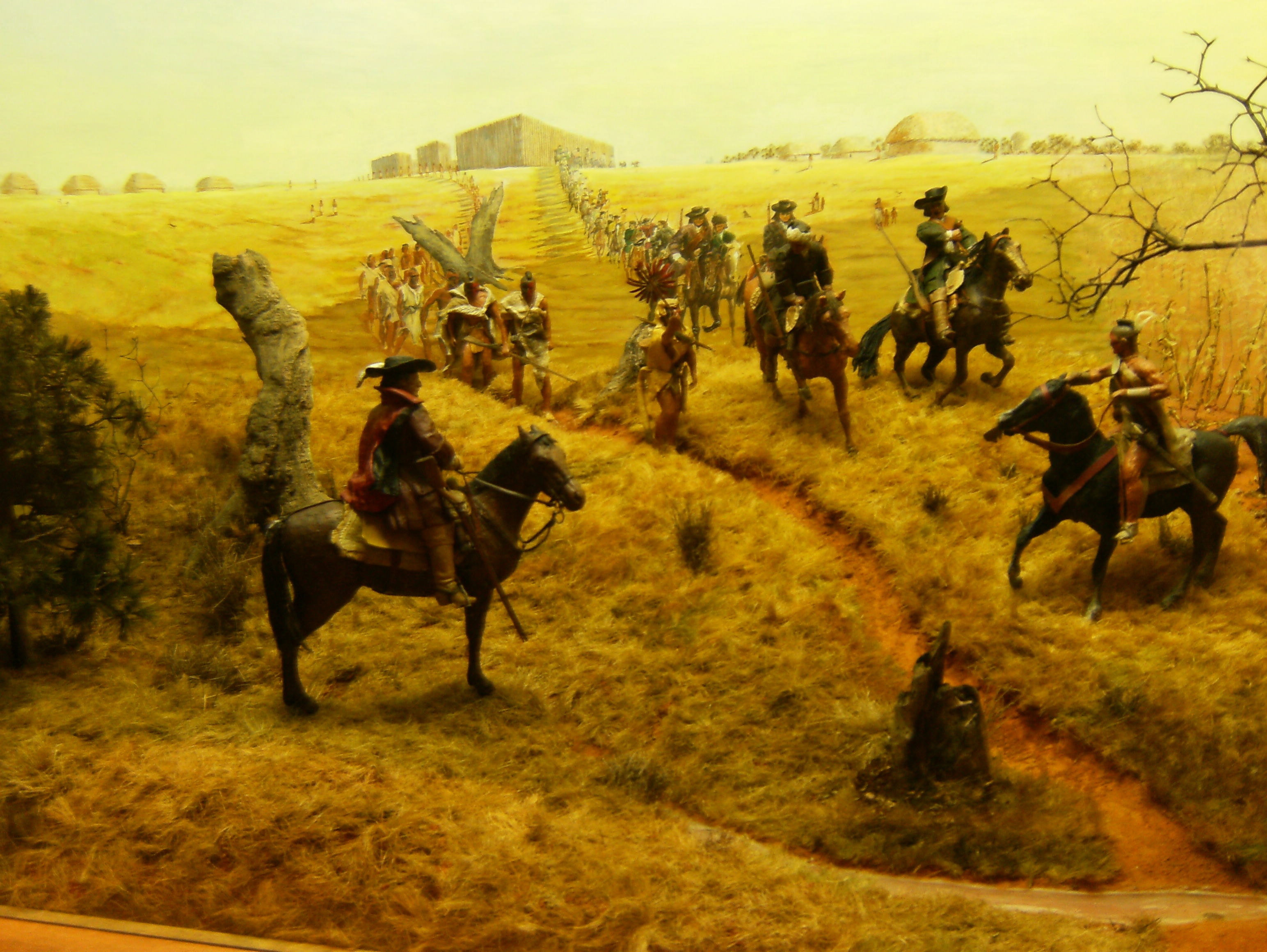 A raiding party passes the trading-post at the Ocmulgee River, near today's Macon, Georgia, USA. Diorama at display in the Visitor Center of Ocmulgee National Monument