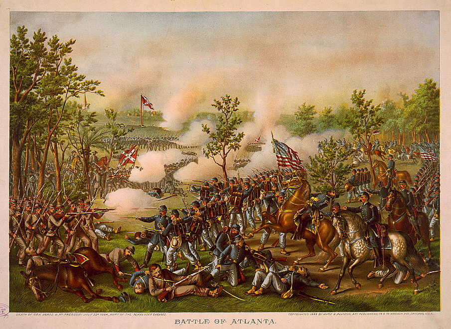 The Battle of Atlanta, chromolithograph by Kurz &amp; Allison, also showing the death of Union general James McPherson.