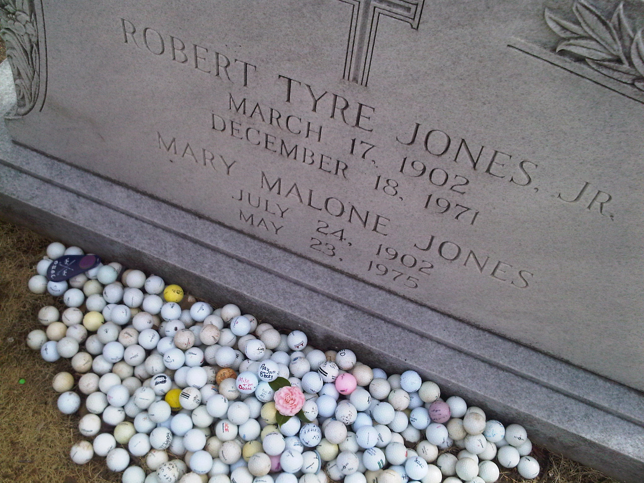 Detail of the grave of Bobby Jones (golfer) in historic Oakland Cemetery in Atlanta, Georgia.  Text: "Robert Tyre Jones, Jr. / March 17, 1902 / December 18, 1971 / Mary Malone Jones / July 24, 1902 / May 23, 1975"