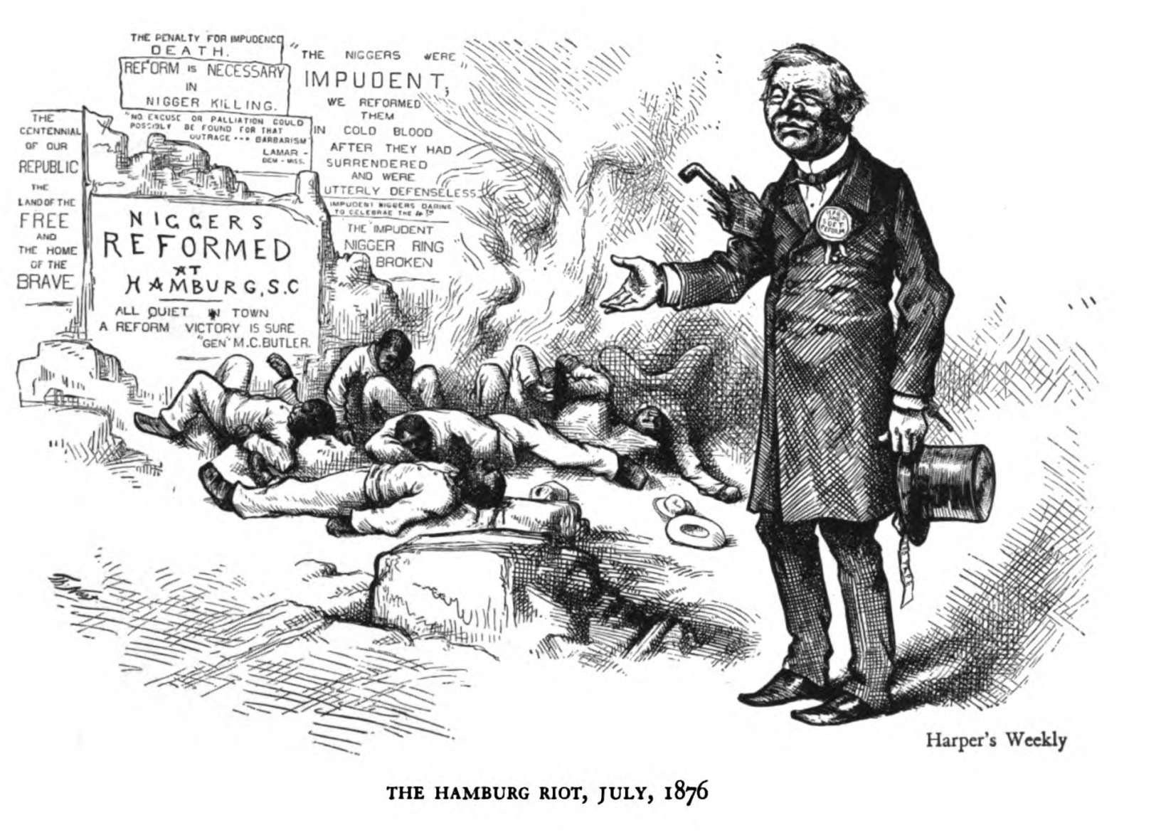 Cartoon decrying the Hamburg massacre of July 1876