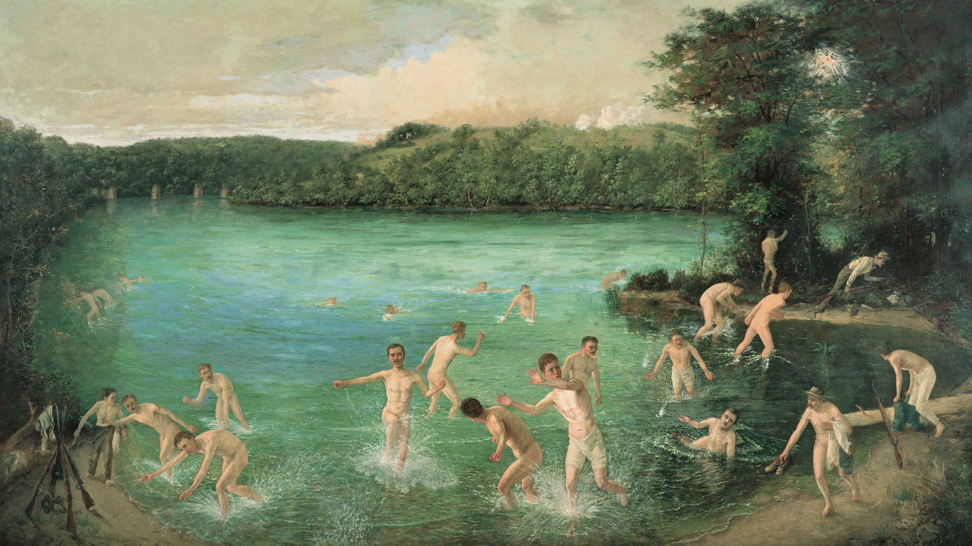 What at first glance appears to be a painting that portrays a number of men bathing in a river, is actually a painting that depicts a moment of complete fear. Unaware of the Federal troops in the distance, these Confederate soldiers, longing for a moment of solitude, decide to bathe in the Potomac River. Suddenly, a barrage of cannon fire, indicated by the smoke in the background, erupts. The men scramble out of the water to the nearest shoreline and frantically search for cover. Some stop to grab their clothing, while others are too scared.[1]

↑ Morris Museum of Art