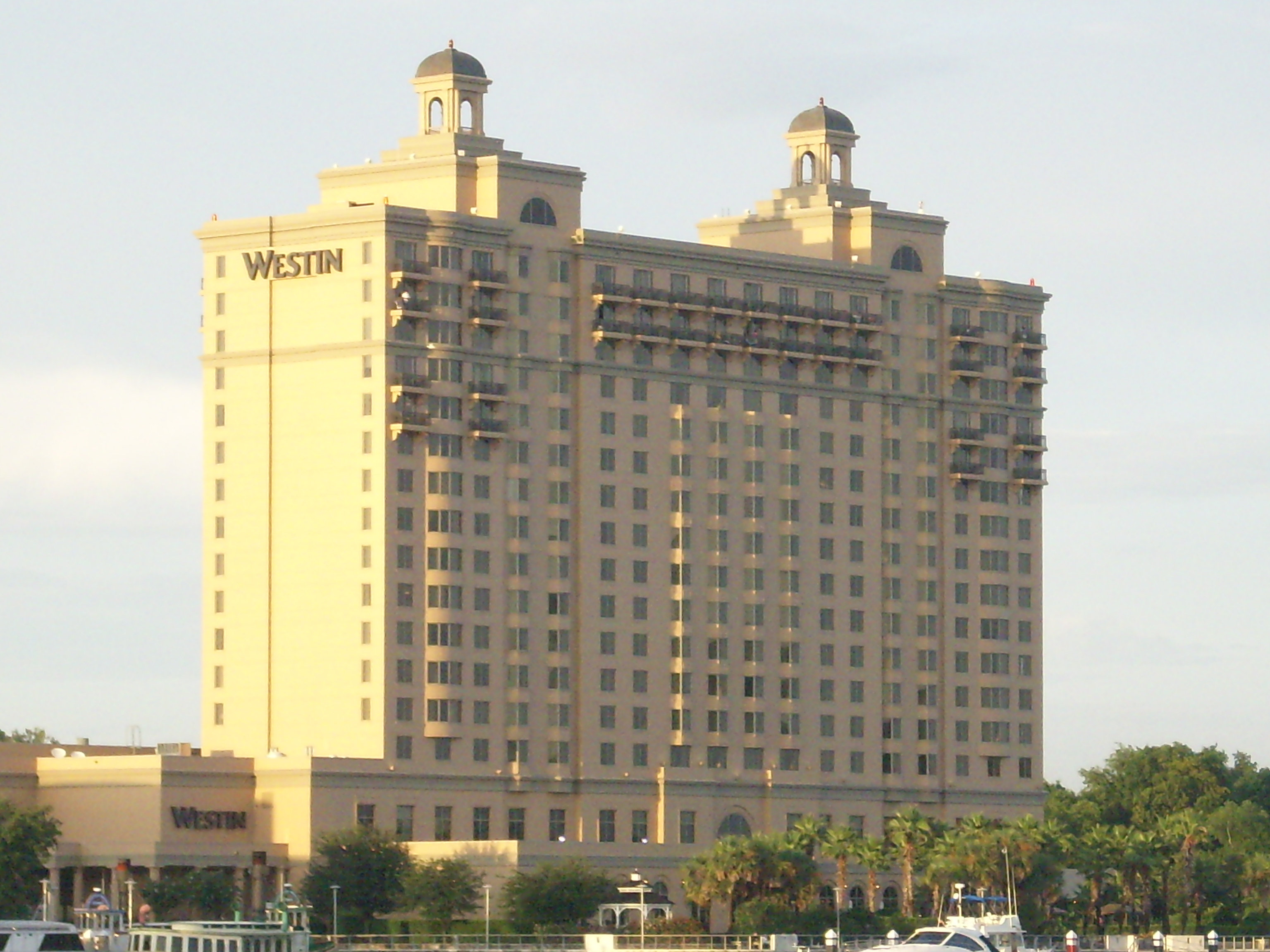 The Westin Hotel in Savannah, Georgia (USA) as seen from River Street during the early evening.