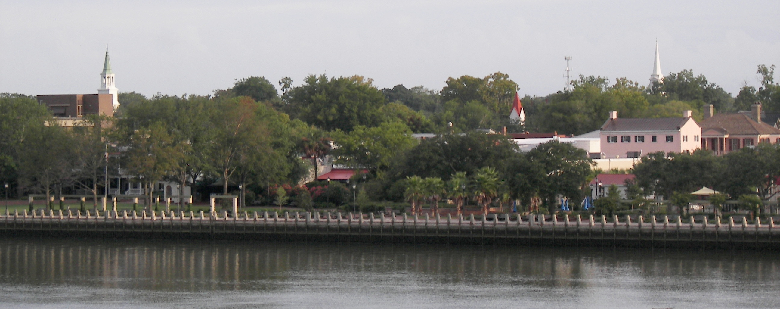 Downtown Beaufort, South Carolina.  The Henry Chambers Waterfront Park is shown, along with several buildings along Bay Street, Beaufort's commercial core.