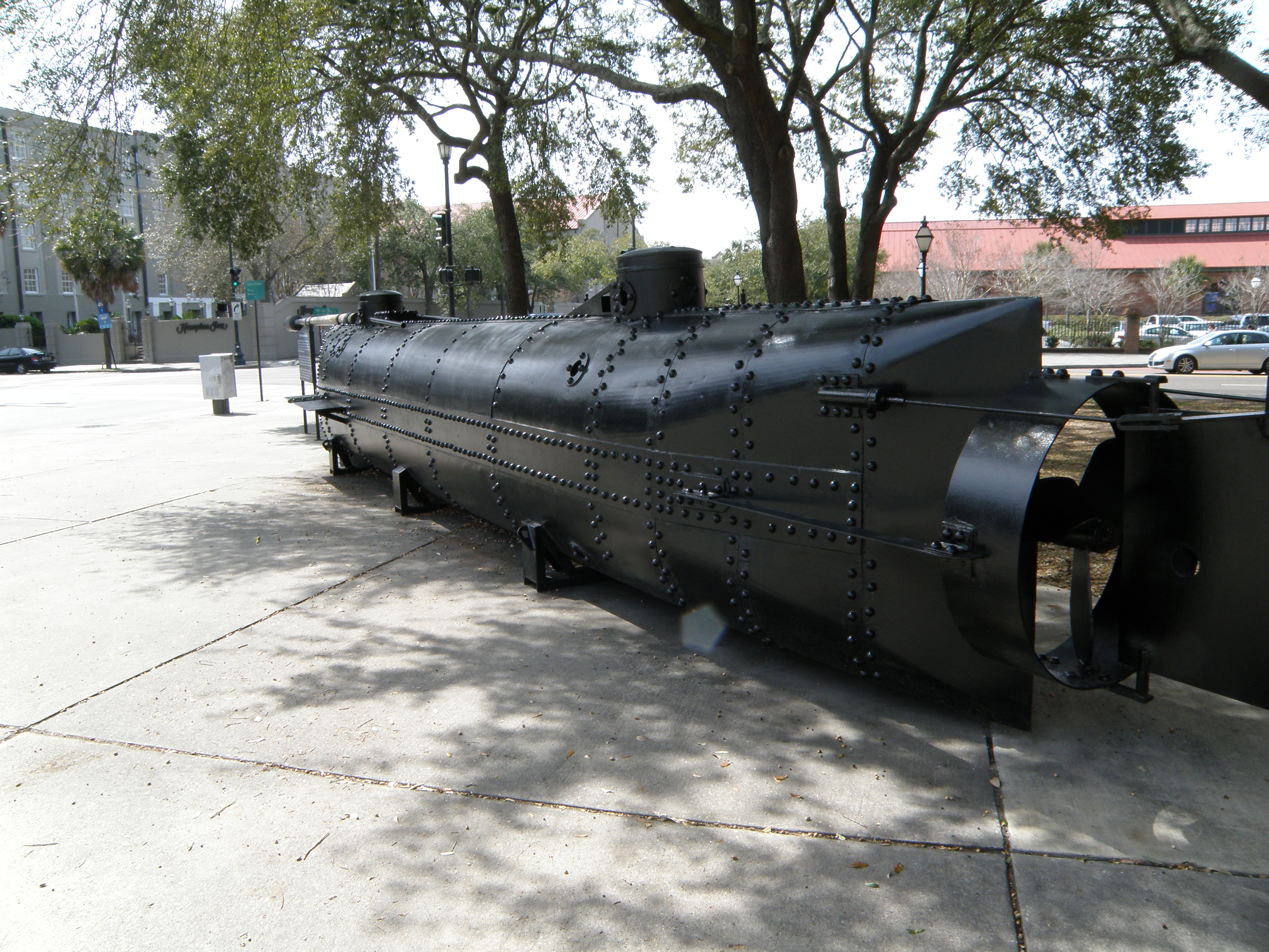 A life size model of the CSS Hunley, a Confederate submarine used in Charleston Harbor during the Civil War. It is considered the first submarine to ever sink an enemy warship. It was also a very unlucky vessel- every crew that served on it also died on it. After the third time it was lost with all hands it was not raised and re-used. The real Hunley was actually salvaged a few years ago and is undergoing restoration in Charleston. This replica is on display on the grounds of The Charleston Museum, Charleston, SC.