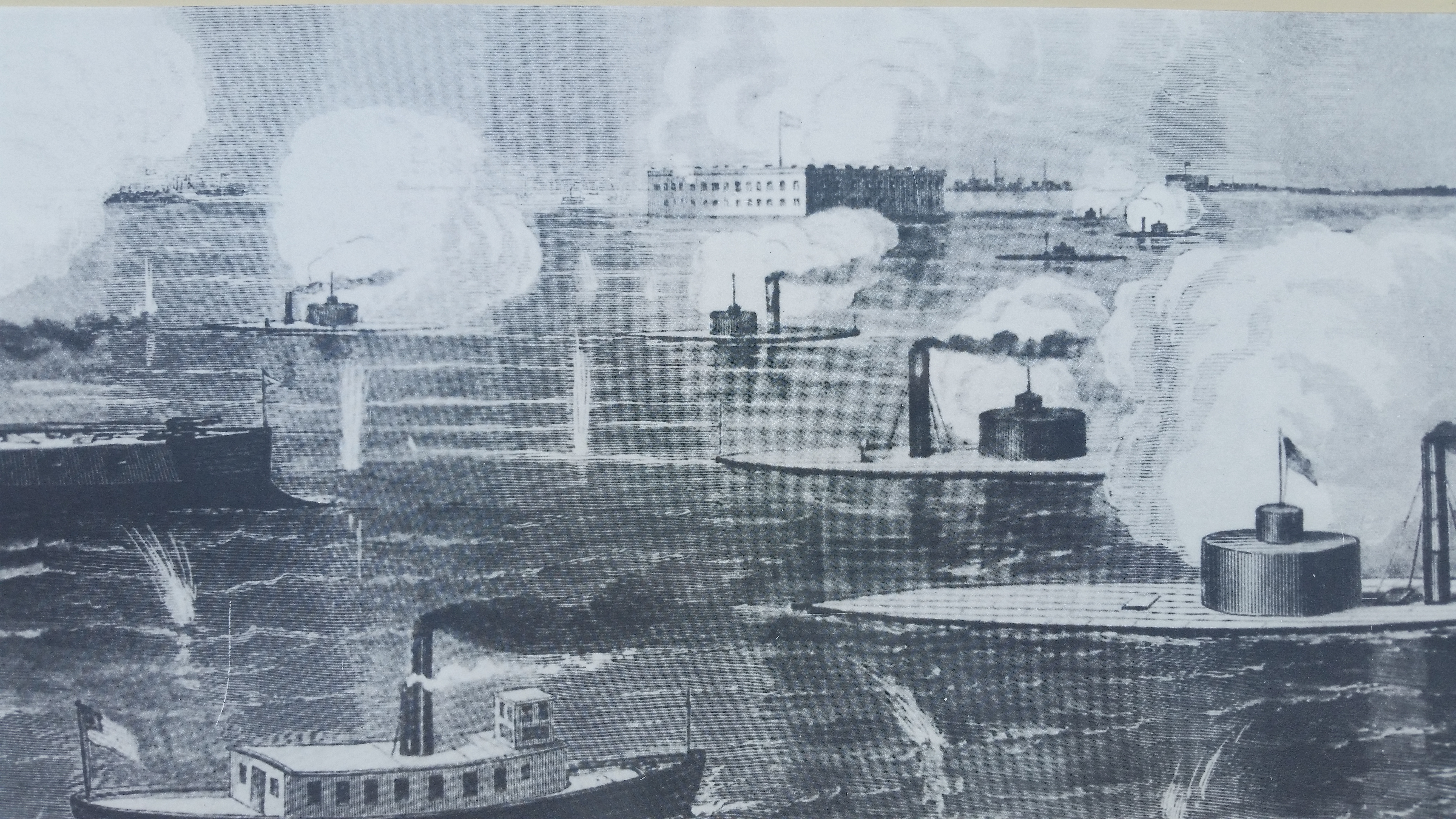 First Battle of Charleston Harbor, the bow of the USS New Ironsides is on the left while Fort Sumter is in the background