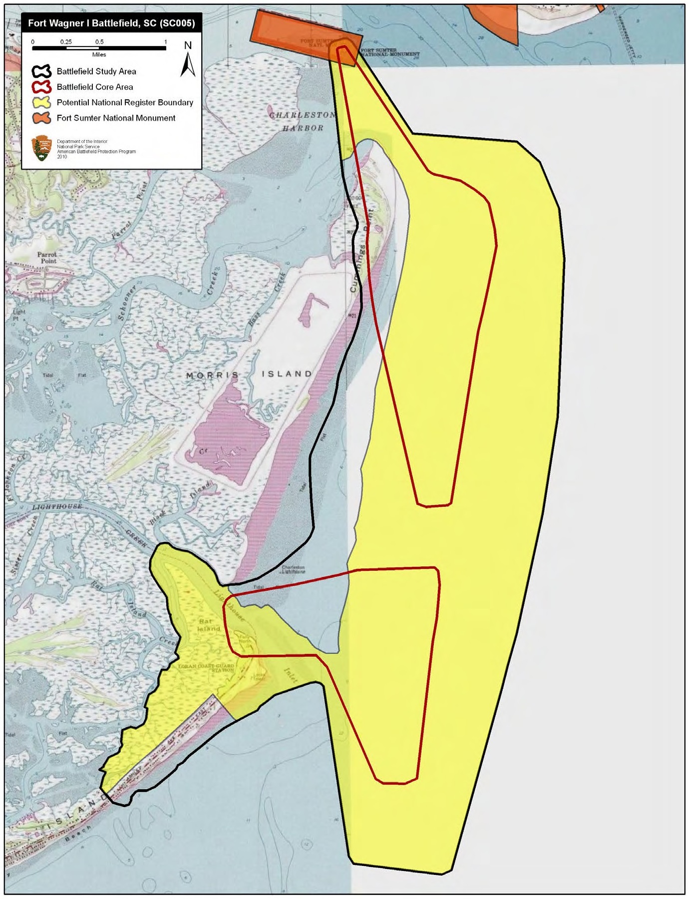 Map of battlefield core and study areas.
The ABPP revised the 1993 Study Area to reflect the coastline of Morris Island as it was shaped in 1863. The revised Study Area also includes the main shipping channel of Charleston Harbor and Light House Inlet (both used by attacking US Naval forces), the Folly Island camps and batteries, and the angled field of fire from Fort Sumter.

The ABPP modified the northern Core Area to represent the ranges of heavy artillery fire from US vessels in the harbor, and from Fort Wagner and Fort Sumter. The southern Core Area includes the field of covering fire from US Army batteries along the northern edge of Folly Island, and fields of fire associated with US Navy vessels in the harbor channel and ships landed with BG Strong's Brigade on the southern tip of Morris Island.