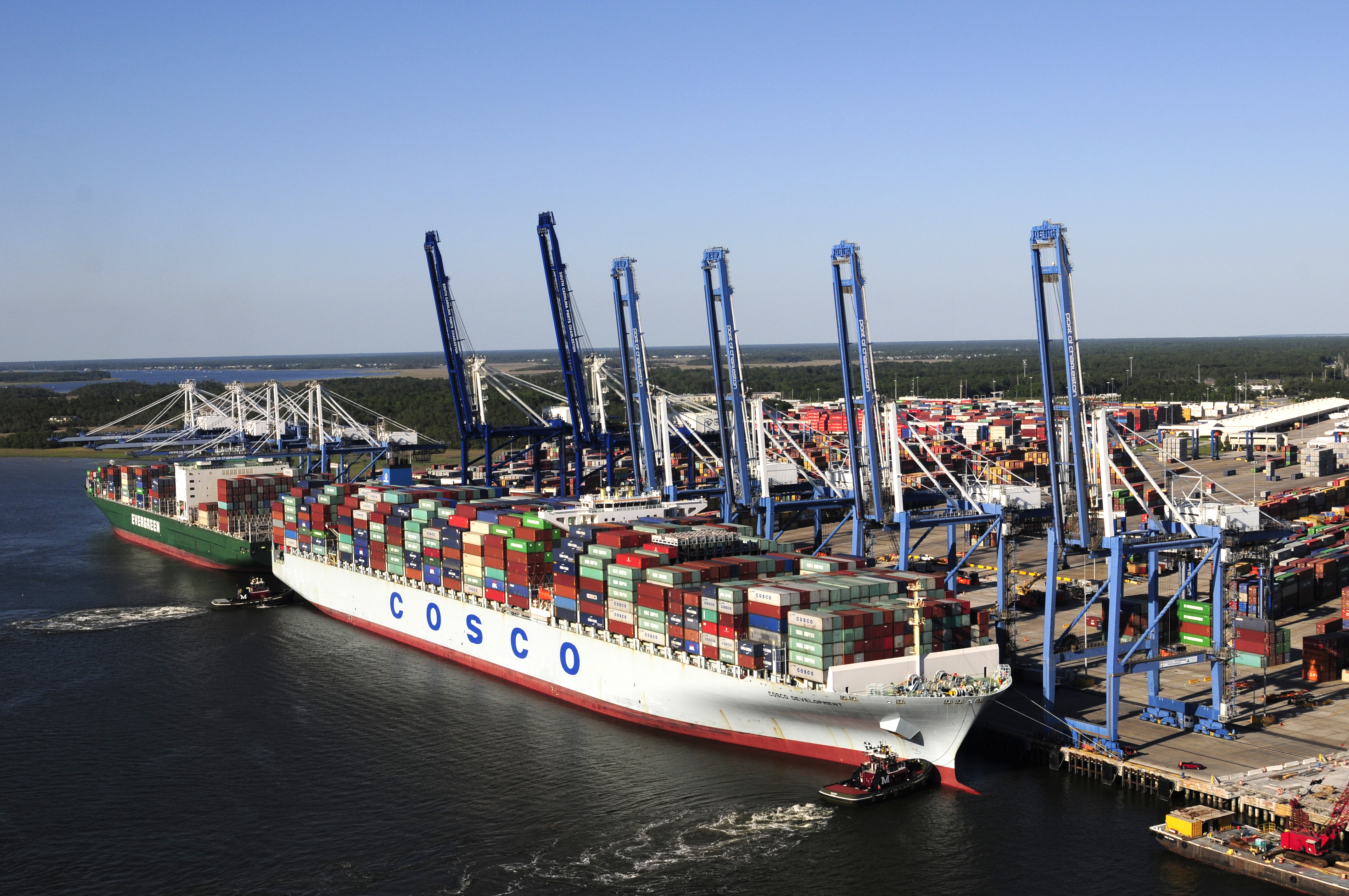 The 13,092-TEU container ship COSCO Development works at the Port of Charleston's Wando Welch Terminal