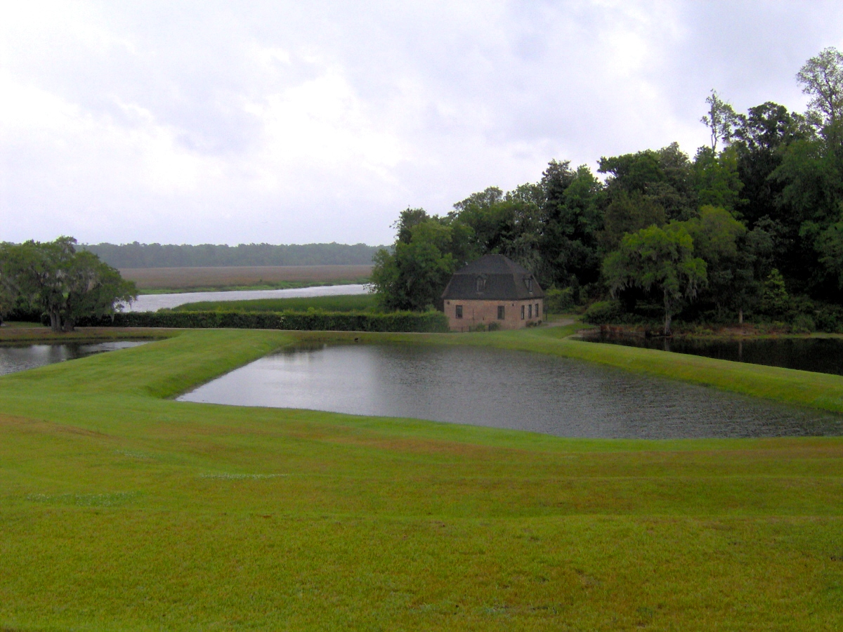 The "Butterfly Lakes" (foreground and left) and the Rice Mill at Middleton Place, near Charleston, South Carolina, USA.  The Ashley River is visible in the distance.
