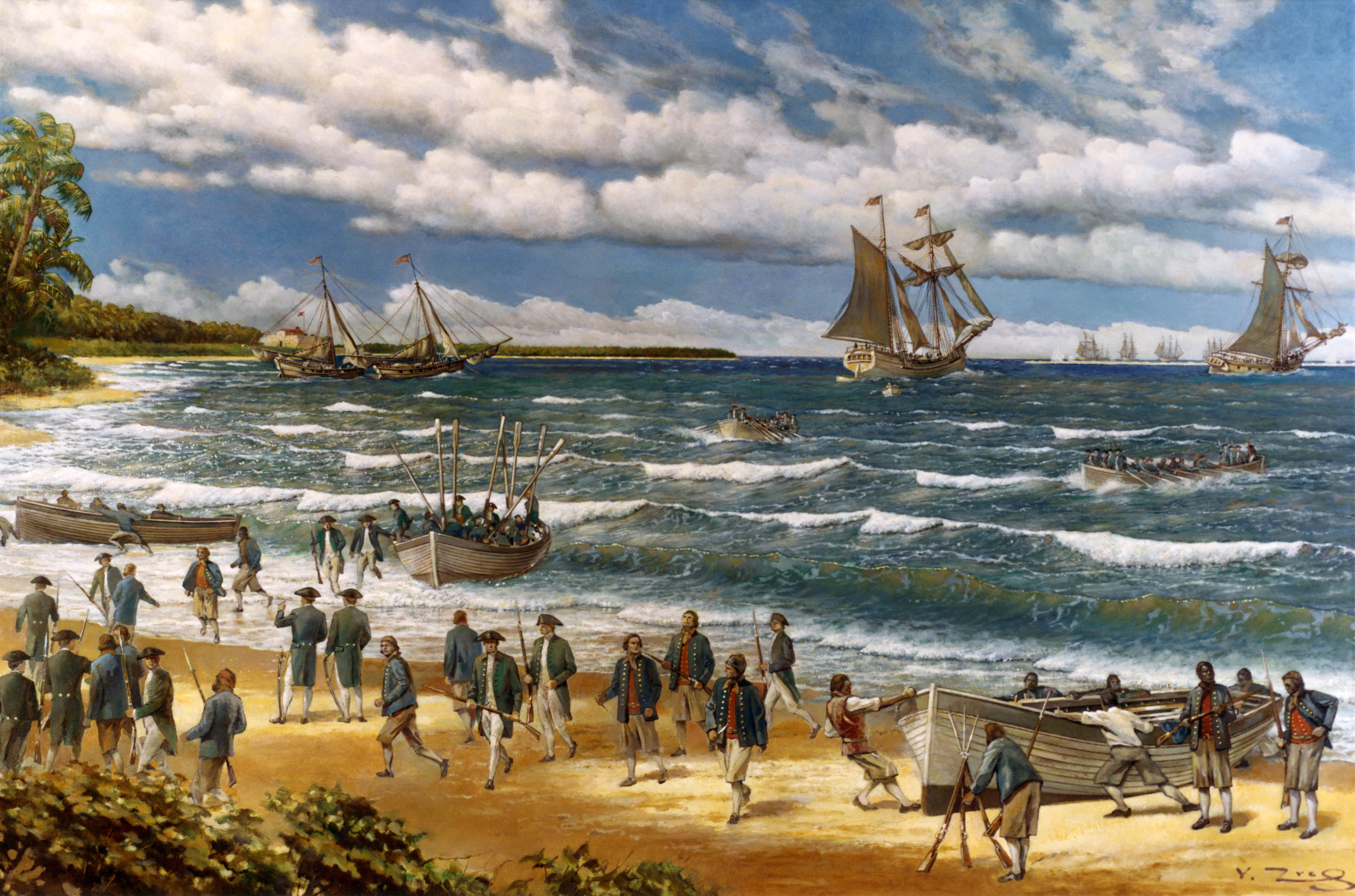 New Providence Raid, March 1776
Oil painting on canvas by V. Zveg, 1973, depicting Continental Sailors and Marines landing on New Providence Island, Bahamas, on 3 March 1776. Their initial objective, Fort Montagu, is in the left distance. Close off shore are the small vessels used to transport the landing force to the vicinity of the beach. They are (from left to right): two captured sloops, schooner Wasp and sloop Providence. The other ships of the American squadron are visible in the distance.
depiction of the w:Battle of Nassau
