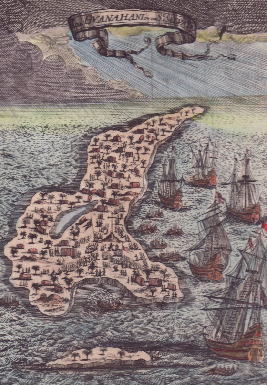 Scanned in from Mallet's five-volume world atlas. This page shows the islet of Guanahani, which is part of San Salvador, the first landfall island of Columbus in 1492.