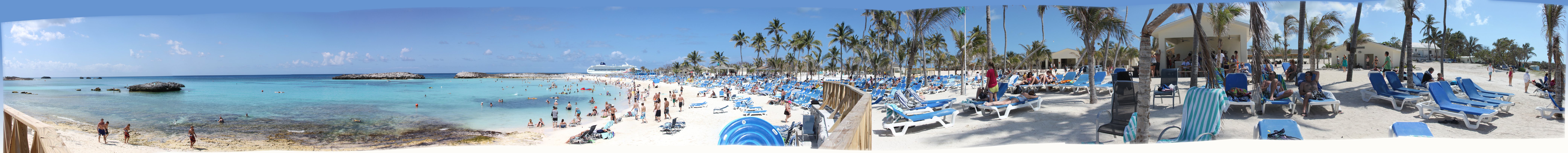 The Norwegian Sun (pictured) visited Great Stirrup Cay on March 23, 2012 and many of its passengers can be seen in this photo of the tropical island.
This image is composed of 13 photographs from near the western lifeguard station on a little platform above the beach. The lifeguard station is omitted. Because the elevation of images varied, I left the panorama uncropped and used sky and sand colors from the picture to make the absent parts less jarring.