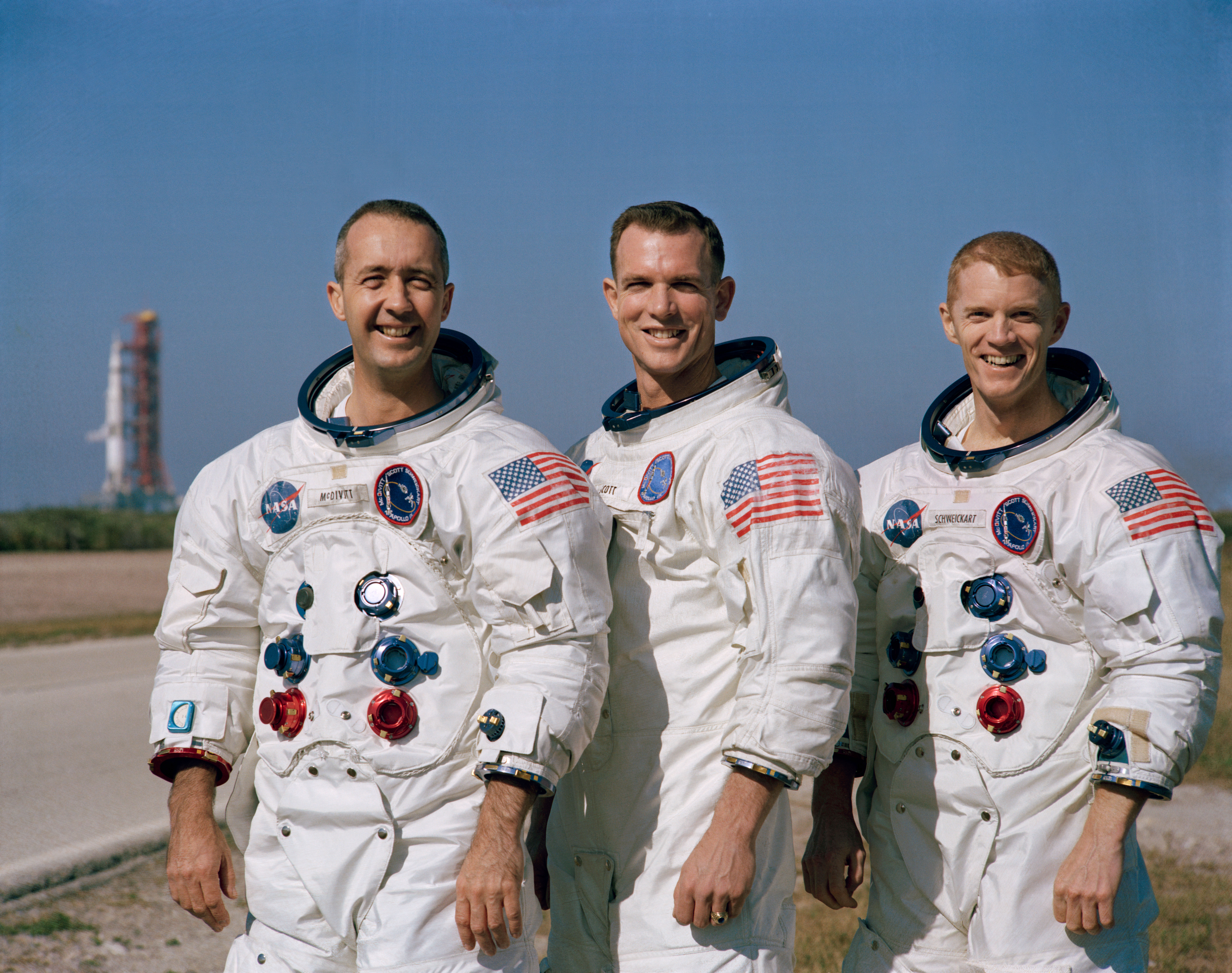 The crew of Apollo 9 - James A. McDivitt (CMDR), David R. Scott (CMP) and Russell L. Schweickart (LMP)