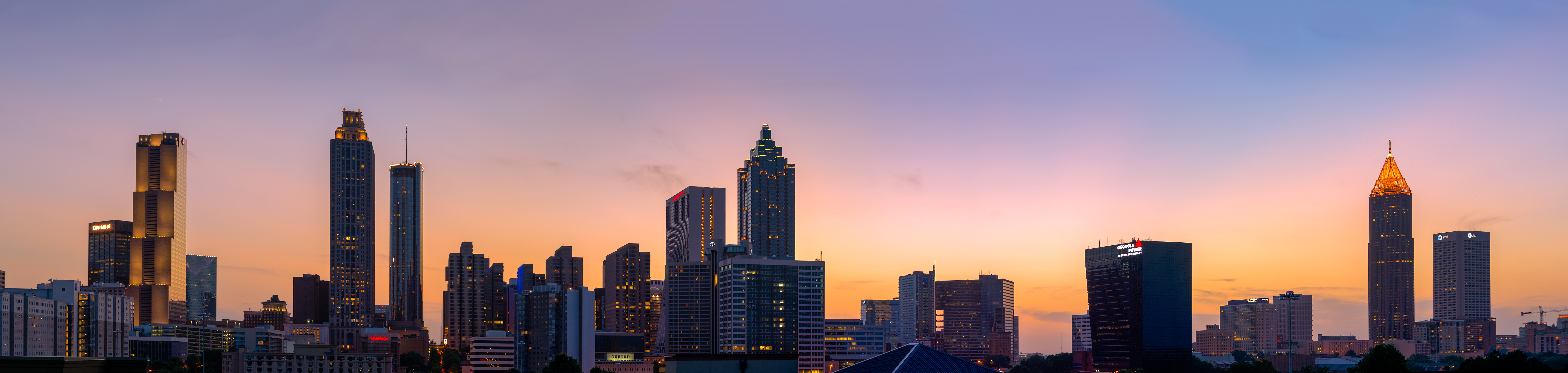Panoramic shot of Downtown Atlanta at sunset.