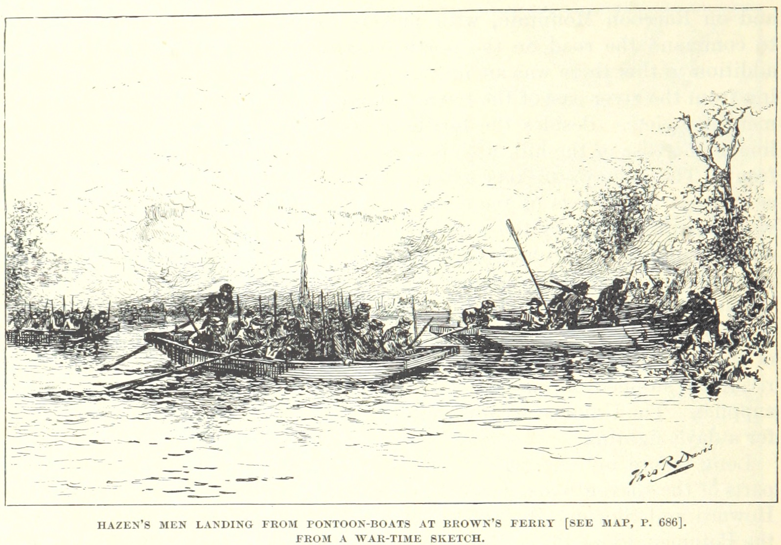Soldiers of William B. Hazen's brigade cross the Tennessee River at Brown's Ferry during the Chattanooga Campaign.