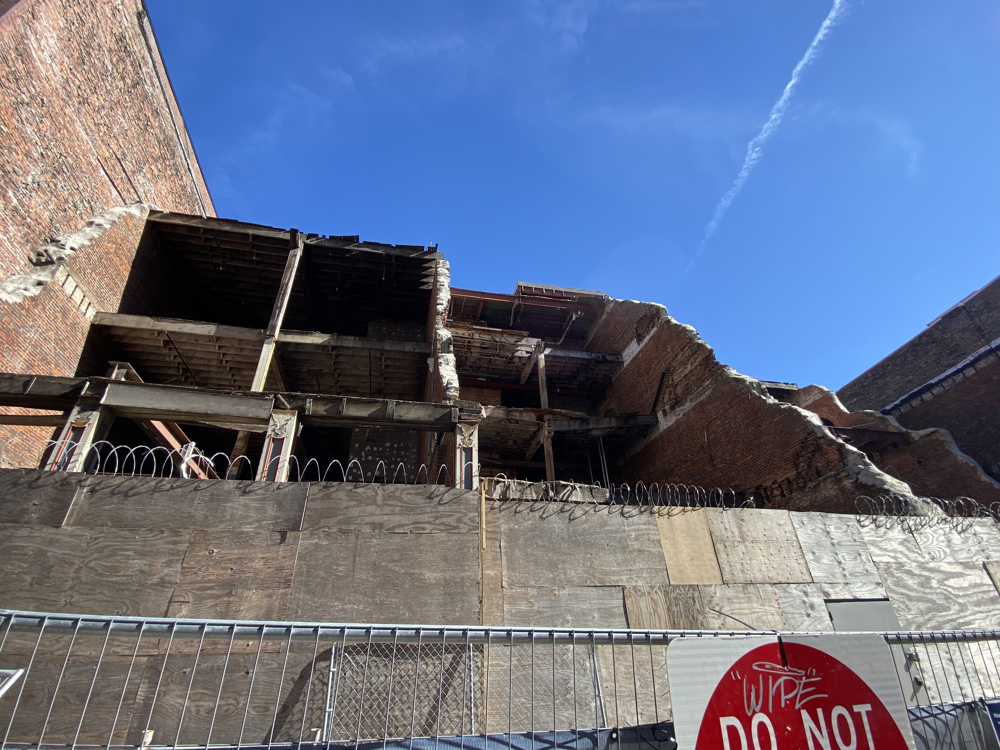 Ruins of the buildings that were destroyed by the 2020 Nashville, Tennessee bombings. At the time of this photo, the road in front of them was blocked to all road traffic, and residents had to walk through construction barriers.
