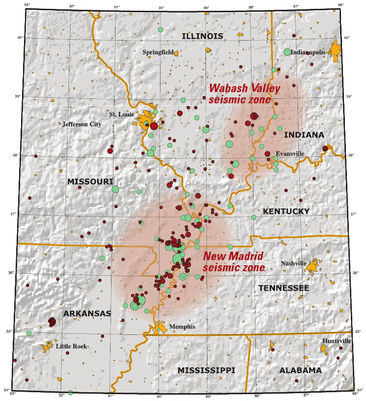 This map of the New Madrid and Wabash Valley seismic zones shows earthquakes as circles. Red circles indicate earthquakes that occurred from 1974 to 2002 with magnitudes larger than 2.5 located using modern instruments (University  of Memphis). Green circles denote earthquakes that occurred prior to 1974 (USGS Professional Paper 1527). Larger earthquakes are represented by larger circles.