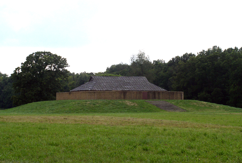 Reconstructed "Mound F and The Temple" at the Mississippian culture Angel Mounds site in Evansville, Indiana. All rights held by the artist, Herb Roe© 2020.