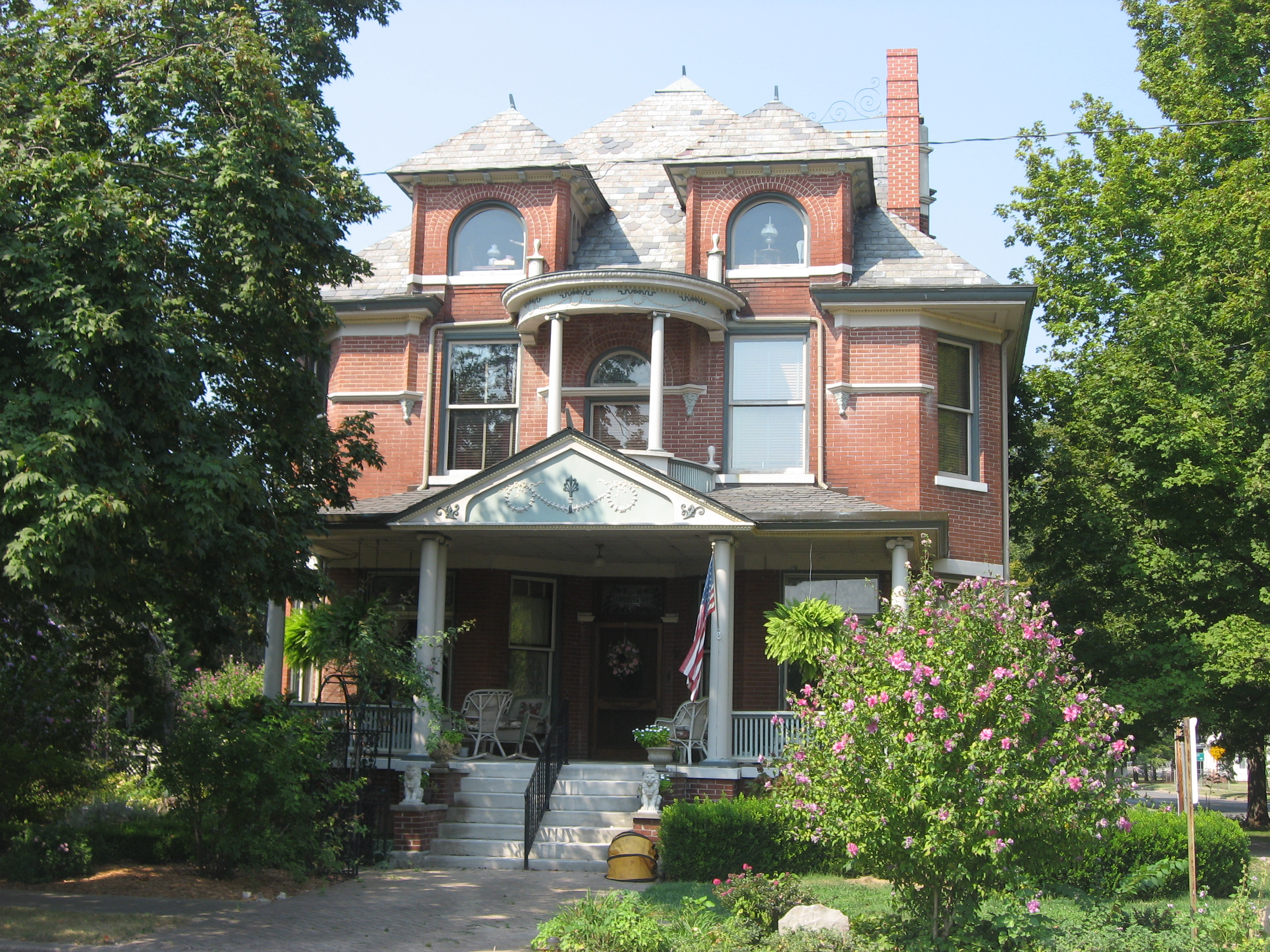 Front of the Amon Clarence Thomas House, located at 503 West Street in New Harmony, Indiana, United States.  Built in 1899, it is listed on the National Register of Historic Places.