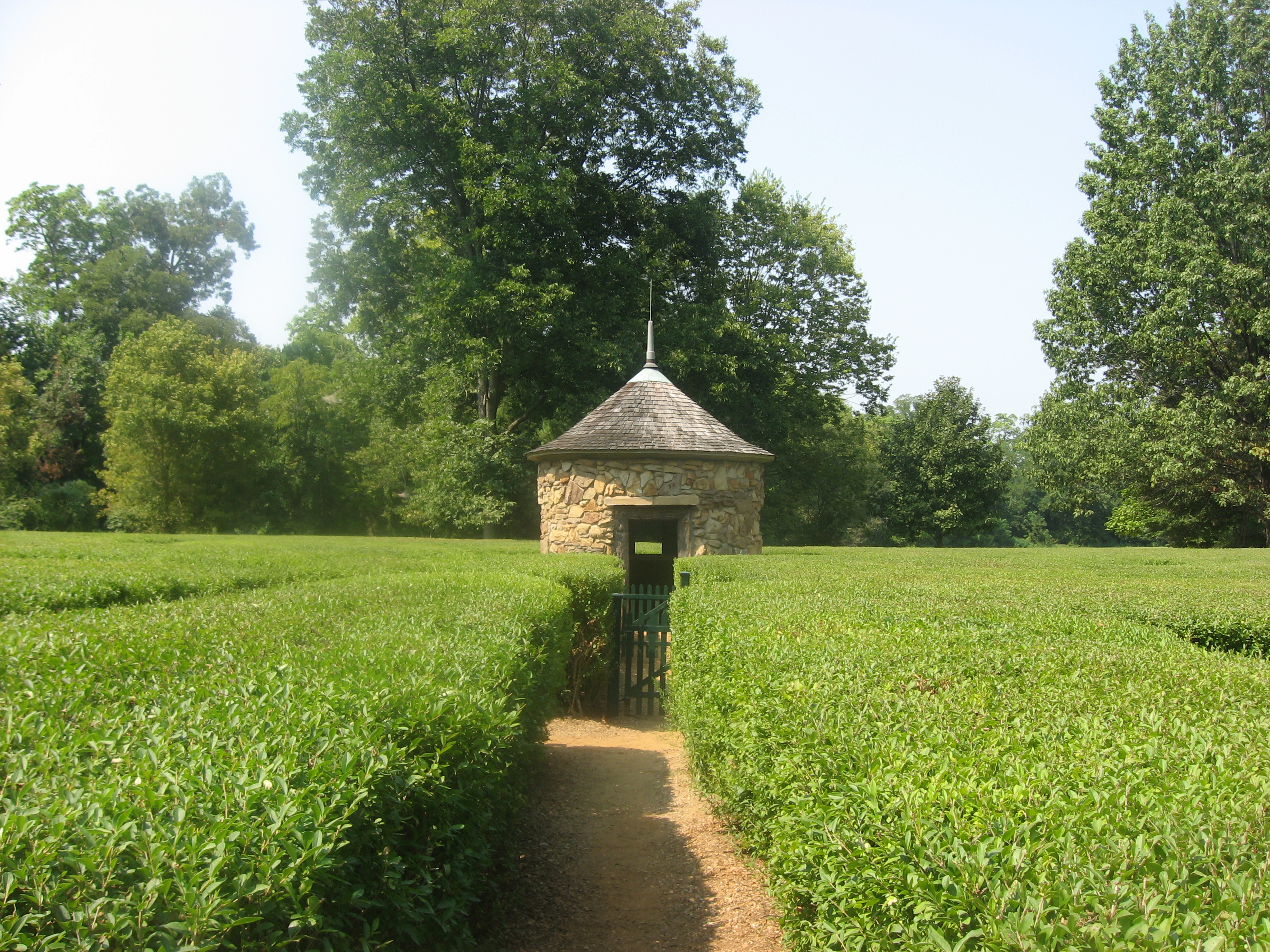 A pathway in the Harmonist Labyrinth, located off Main Street on the southern edge of New Harmony, Indiana, United States.  Built in 1820, the Labyrinth is part of the New Harmony Historic District, a National Historic Landmark District.