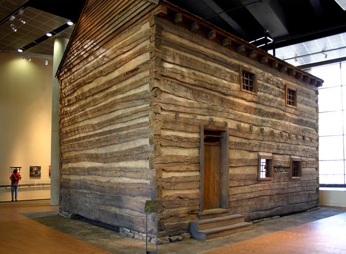 The exterior of the Slave Pen, the focal point of the National Underground Railroad Freedom Center in Cincinnati, Ohio.  The building was originally located on a farm in Mason County, Kentucky.