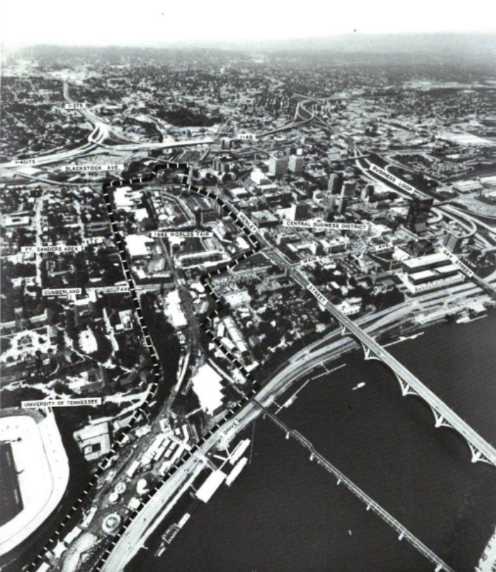 An aerial view of the 1982 World's Fair fairgrounds in downtown Knoxville, Tennessee, U.S.