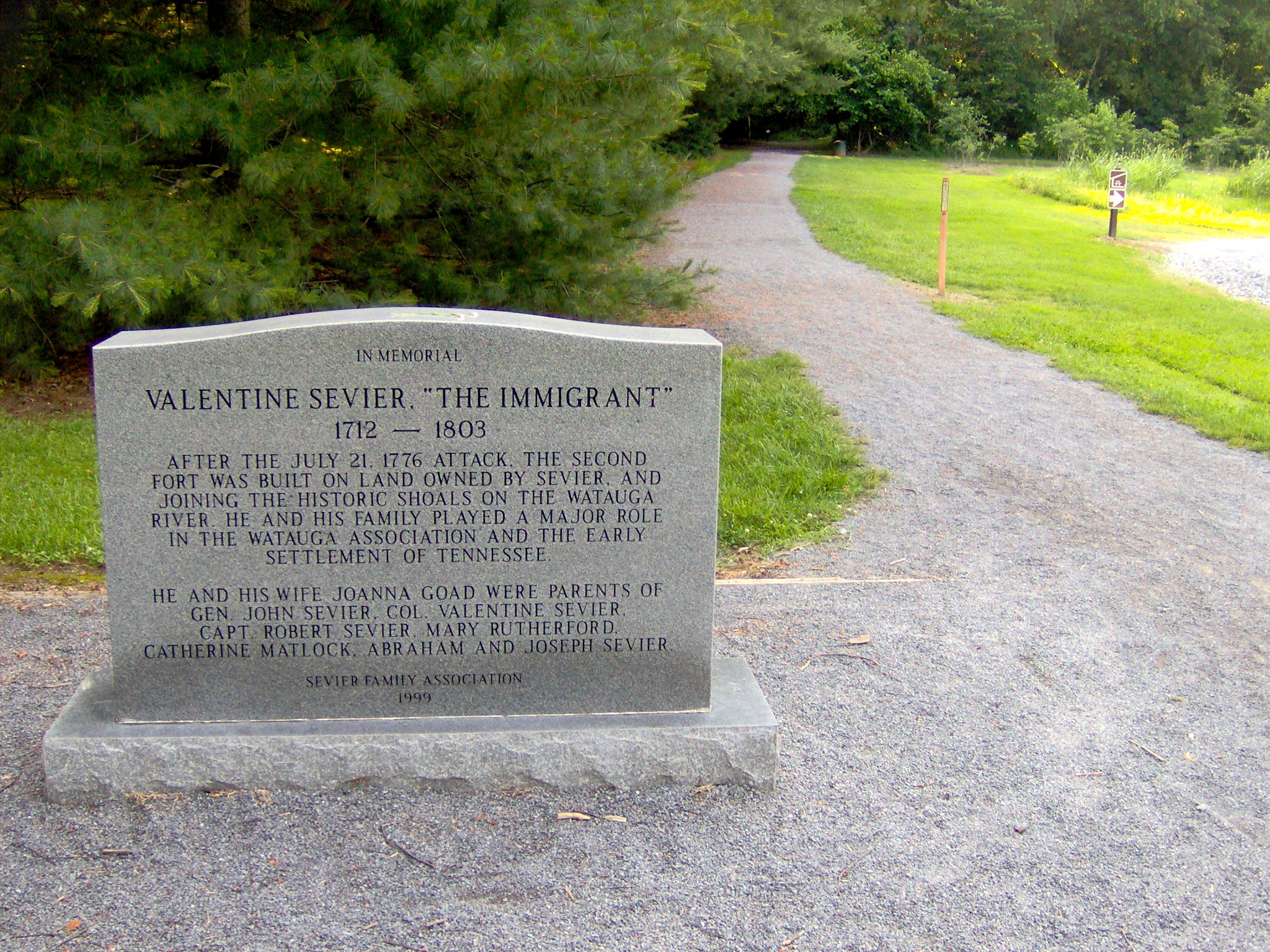 Valentine Sevier (1712–1803) monument along the Mountain River Trail at Sycamore Shoals State Historic Site in Elizabethton, Tennessee, USA.  Valentine was the father of Tennessee governor John Sevier.  The Seviers arrived in the Sycamore Shoals area around 1773.