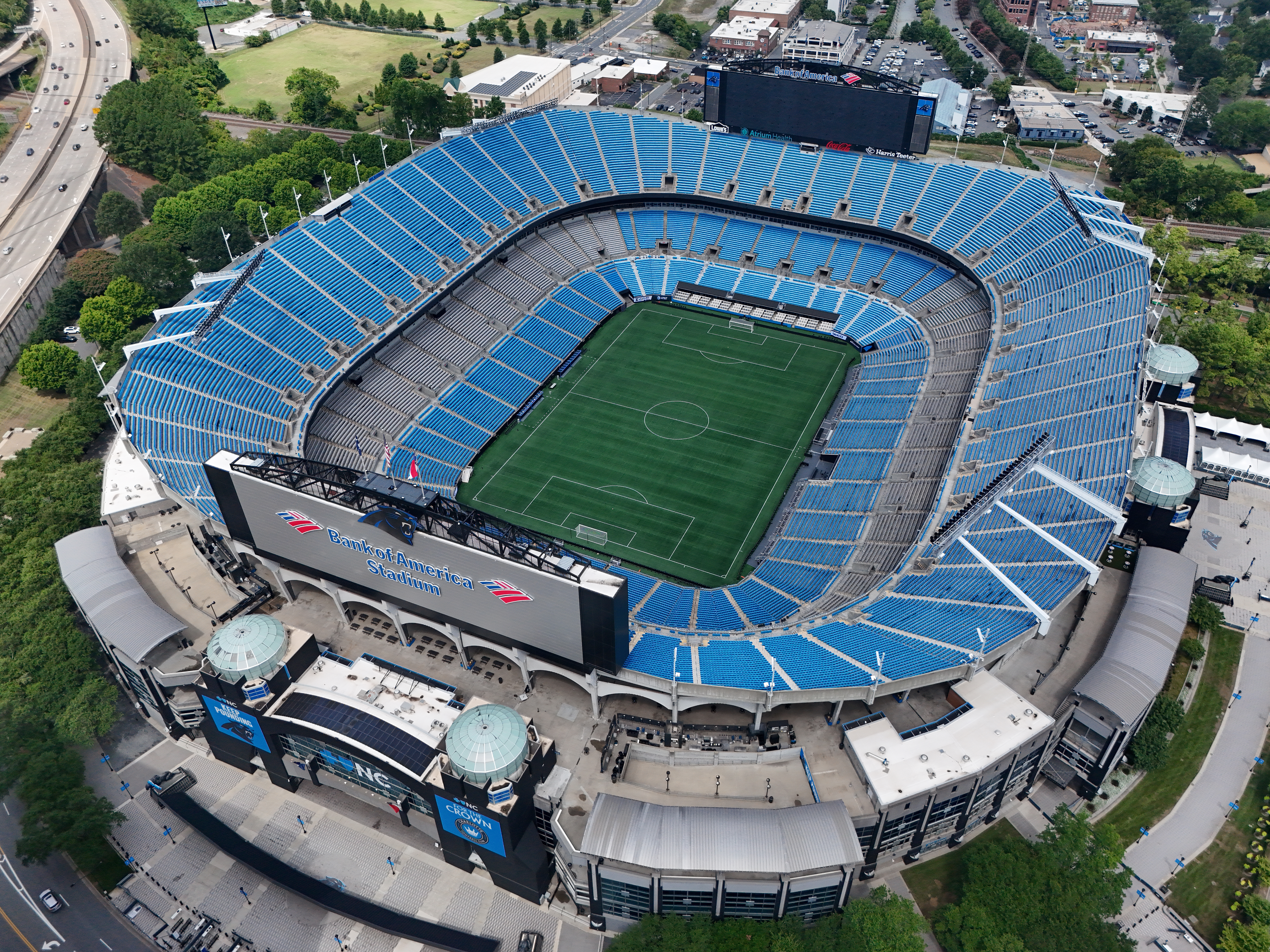 Aerial view of Bank of America Stadium in Charlotte, North Carolina. Home to the Carolina Panthers and Charlotte FC.