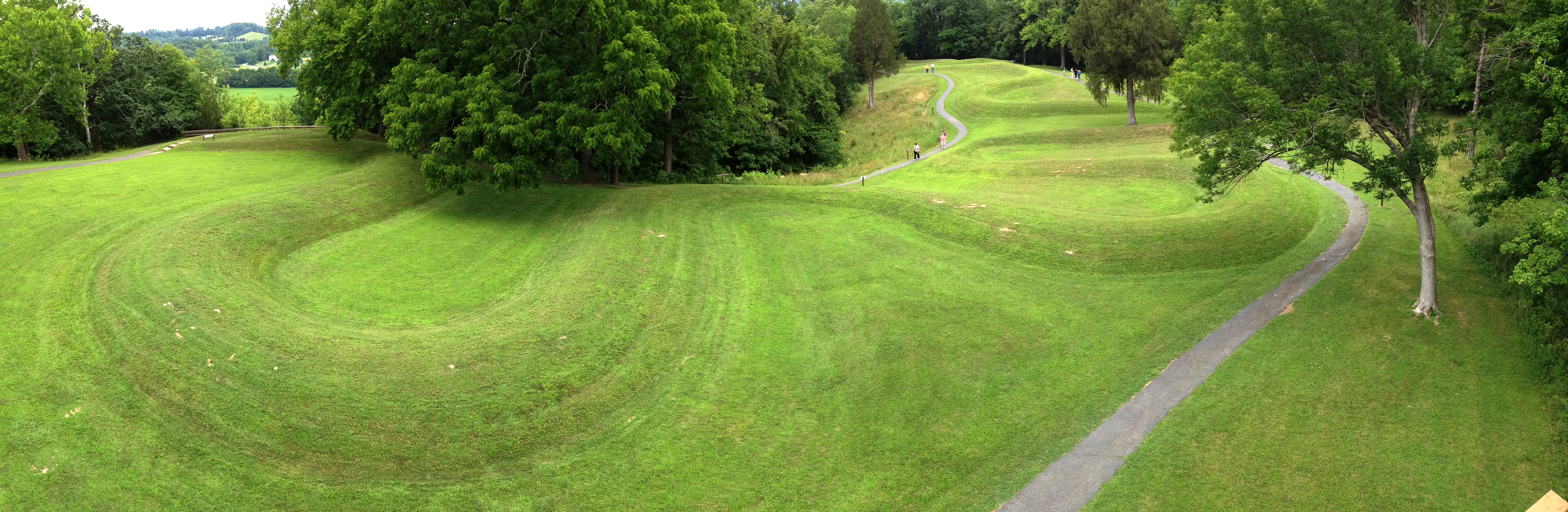 Panorama from the observation tower at Serpent Mound. The coiled tail is on the left and the head is in the background on the right.