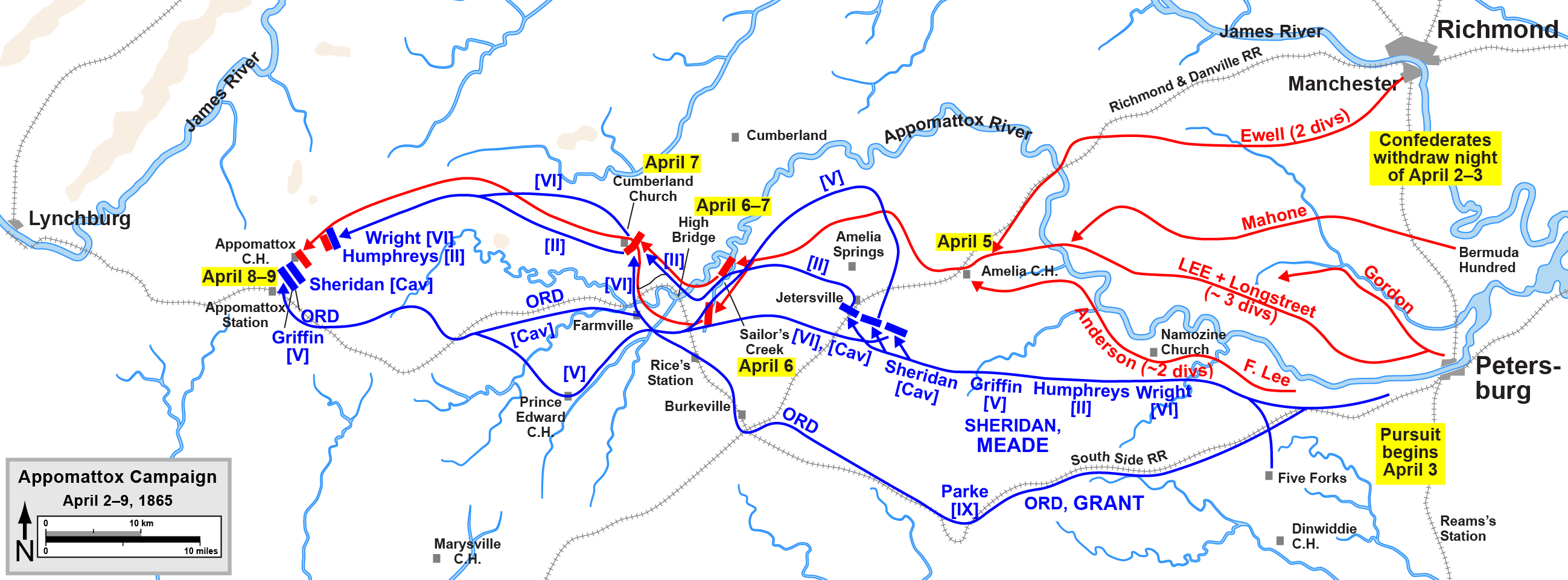Overview map of the Appomattox Campaign of the American Civil War, drawn in Adobe Illustrator CS5 by Hal Jespersen. Graphic source file is available at http://www.posix.com/CWmaps/