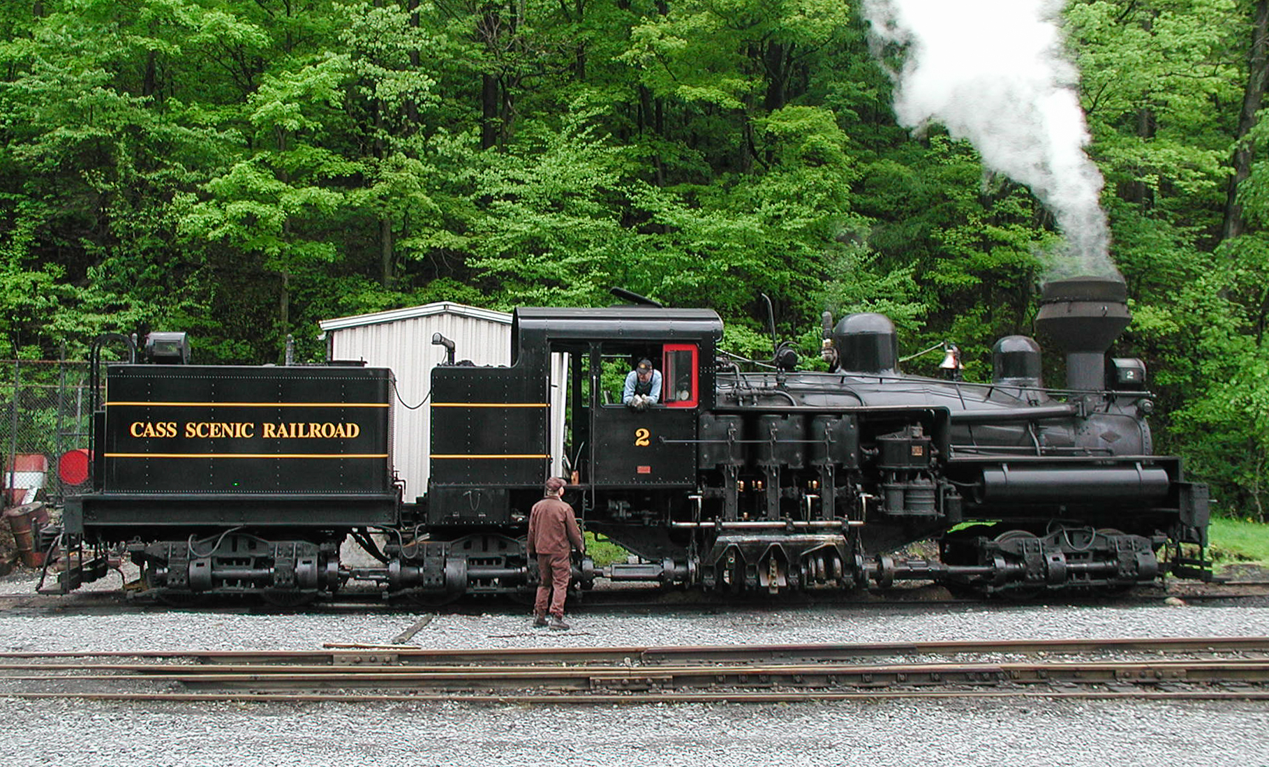 Shay Steam Engine #2 of the Cass Scenic Railway (CSRR), getting up steam, Cass, WV USA on May 16, 2003.