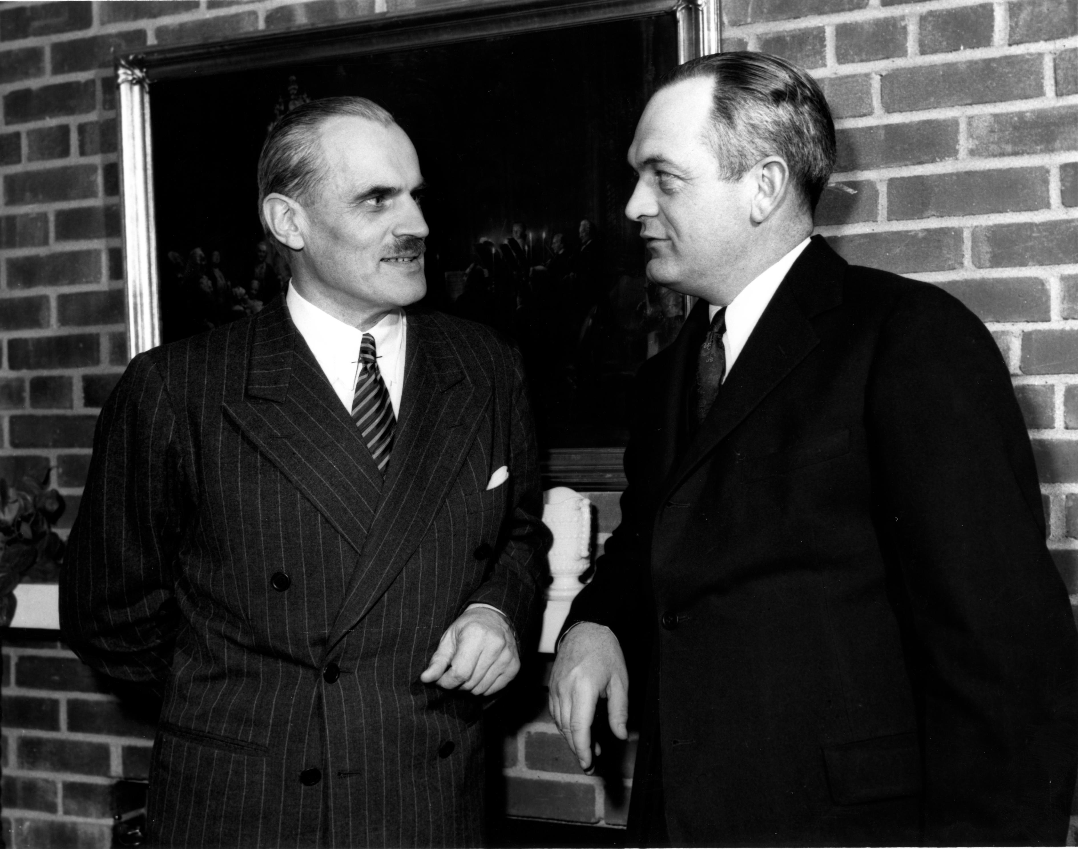 Arthur Compton (left), the director of the Metallurgical Project, at Oak Ridge, with Martin D. Whitaker (right), the director of the Clinton Laboratories.