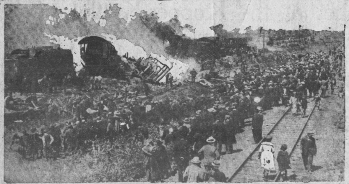 Train wreck at Hammond Circus Train Wreck, at Hammond, Indiana June 22, 1918. East Oregonian Newspaper caption "Close 100 Hagenbach-Wallace people died when their sleeping car train was run into near Gary, Ind., by a train of empty pullmans returning at high speeds from the east. The photo shows the wreckage under which the performers were buried and burned to death"