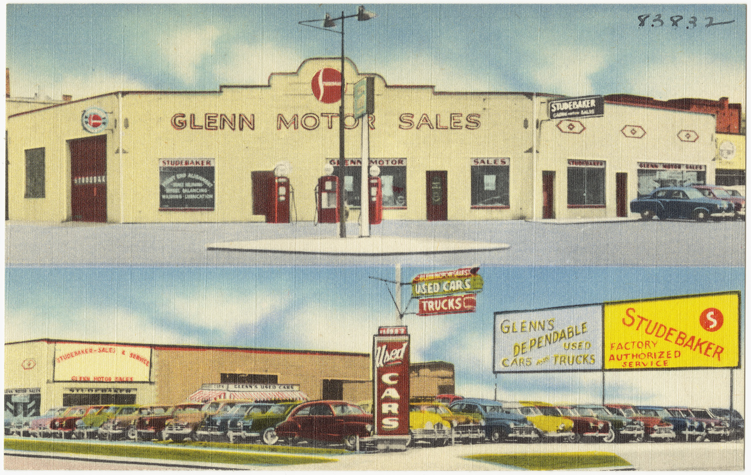 File name: 06_10_014608
Title: Glenn Motor Sales, 600 Saginaw St., Bay City, Mich.
Date issued: 1930 - 1945 (approximate)
Physical description: 1 print (postcard) : linen texture, color ; 3 1/2 x 5 1/2 in.
Genre: Postcards 
Subject: Automobile service stations
Notes: Title from item.
Collection: The Tichnor Brothers Collection
Location: Boston Public Library, Print Department

Rights: No known restrictions