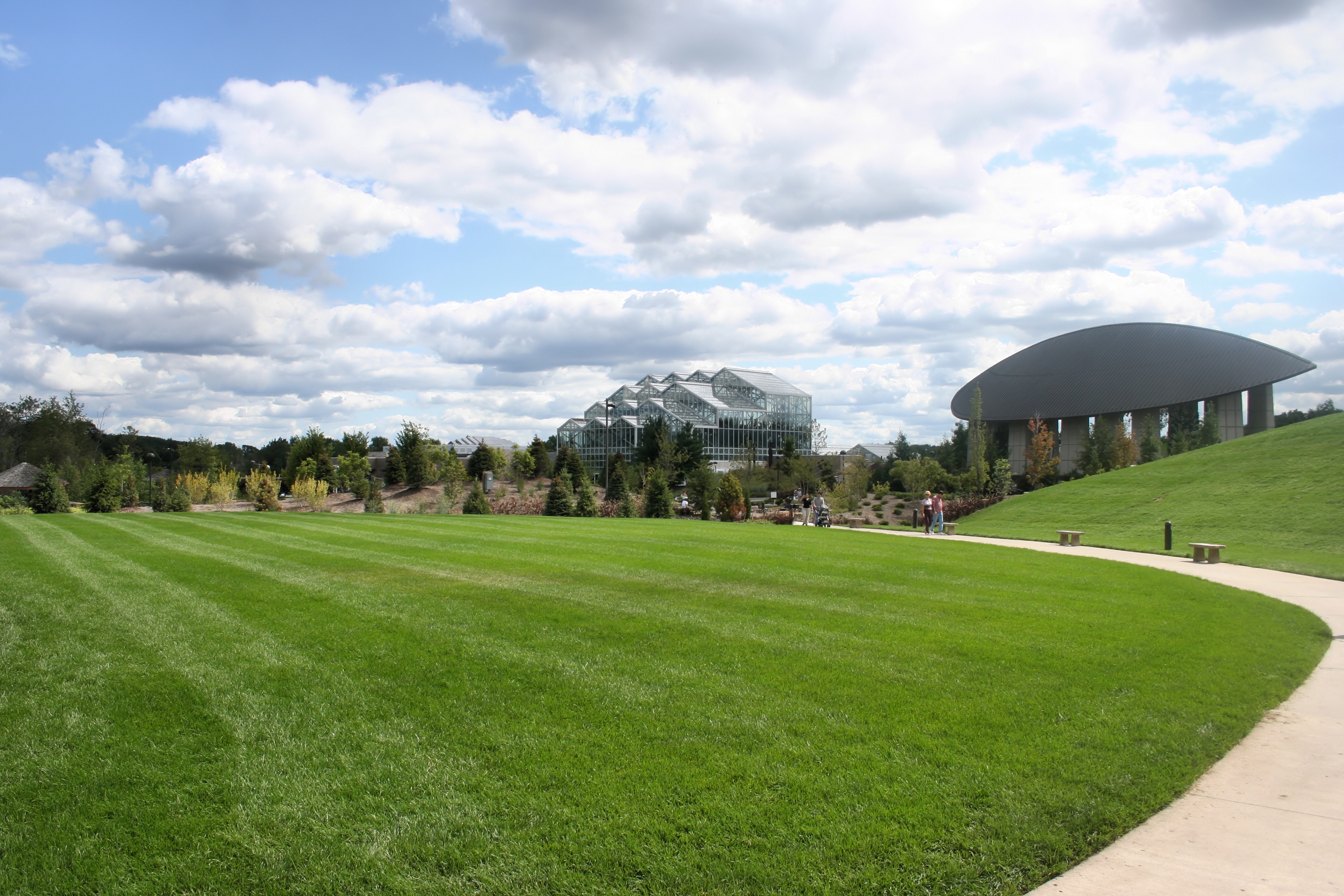 The conservatory and surrounding landscape at Frederick Meijer Gardens in Grand Rapids Michigan.