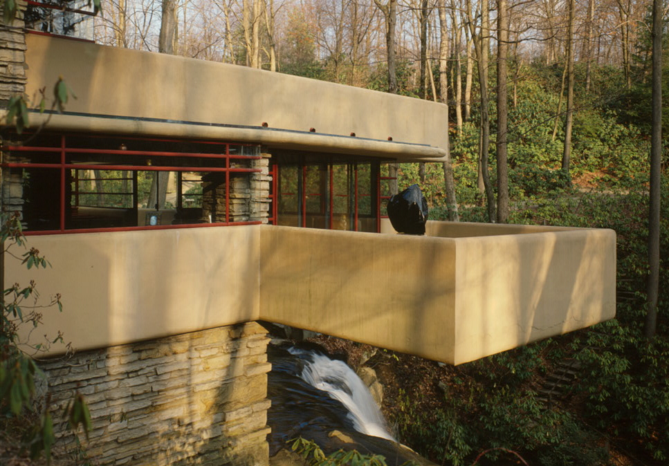 Frank Lloyd Wright, Fallingwater, State Route 381 (Stewart Township), Ohiopyle vicinity, Fayette County, PA - Detail of west living room terrace over crest of waterfall.