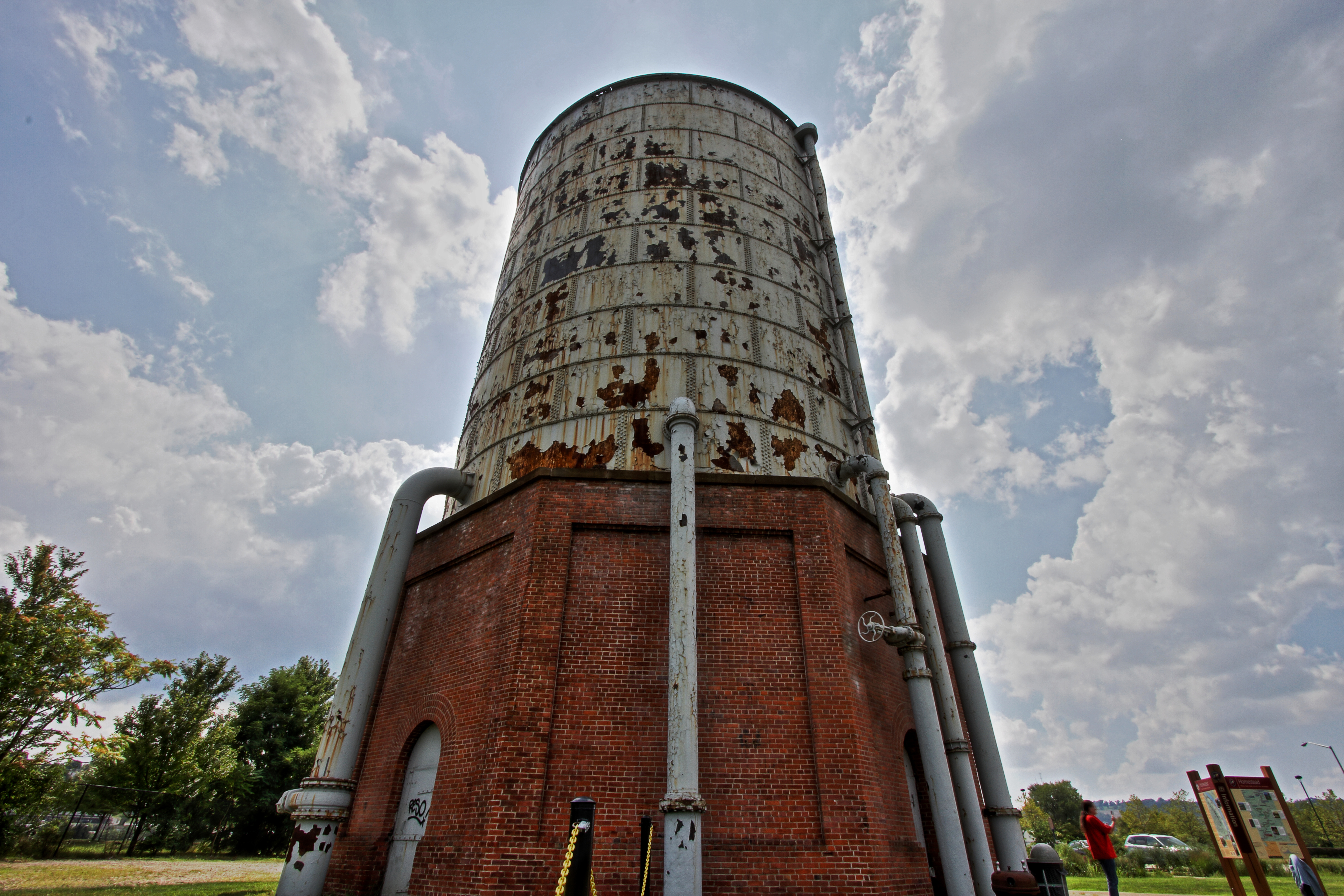 One of the few remaining structures from the steelworks, the water tower of the pump-house serves as restroom today.