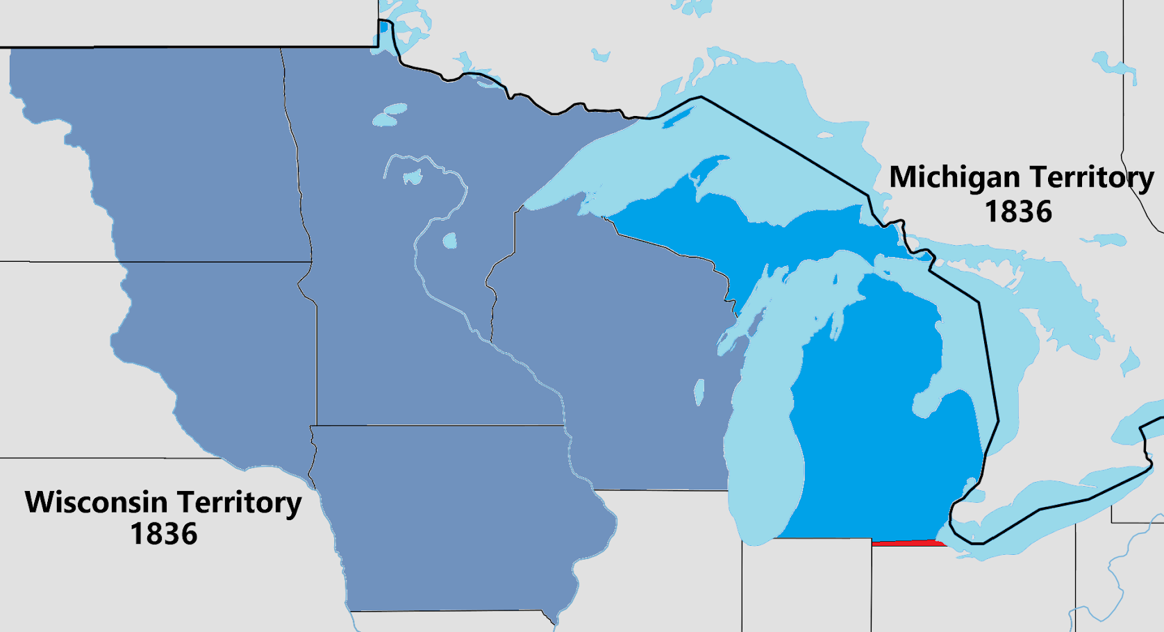 Michigan and Wisconsin Territories 1836 with disputed territory in red