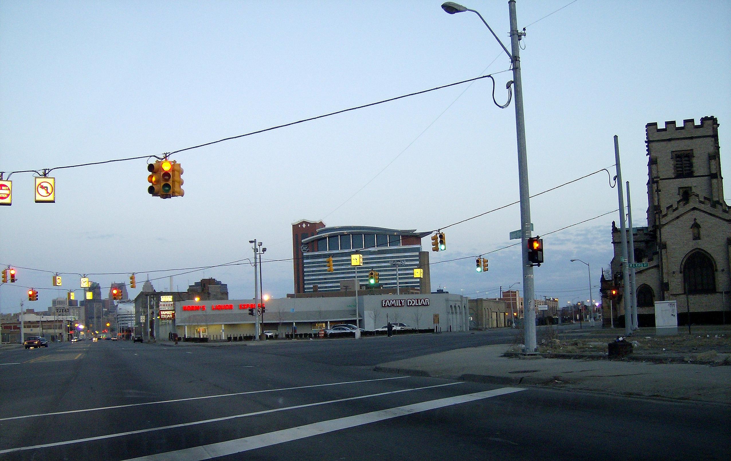 Grand River Ave. in Detroit with the Motor City Casino and Hotel