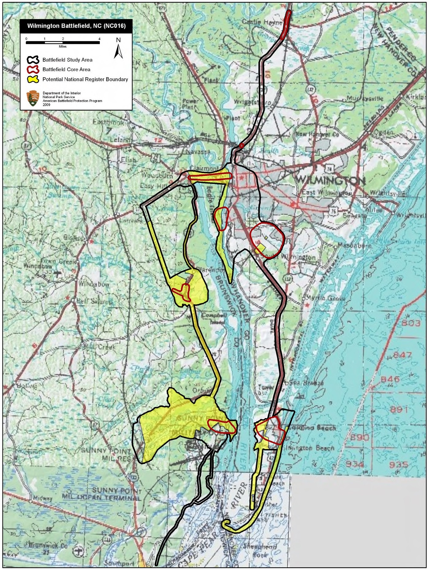 Map of battlefield core and study areas.
The ABPP made substantial changes to the 1993 battlefield boundaries. Core Areas were added to reflect fighting on the western battlefield and the intense skirmishing that took place along the Confederate line of retreat.
The Study Area was expanded to accommodate the new Core Areas and to reflect all areas of military operation associated with the battle, especially the Federal army’s advance up the west side of the Cape Fear River.