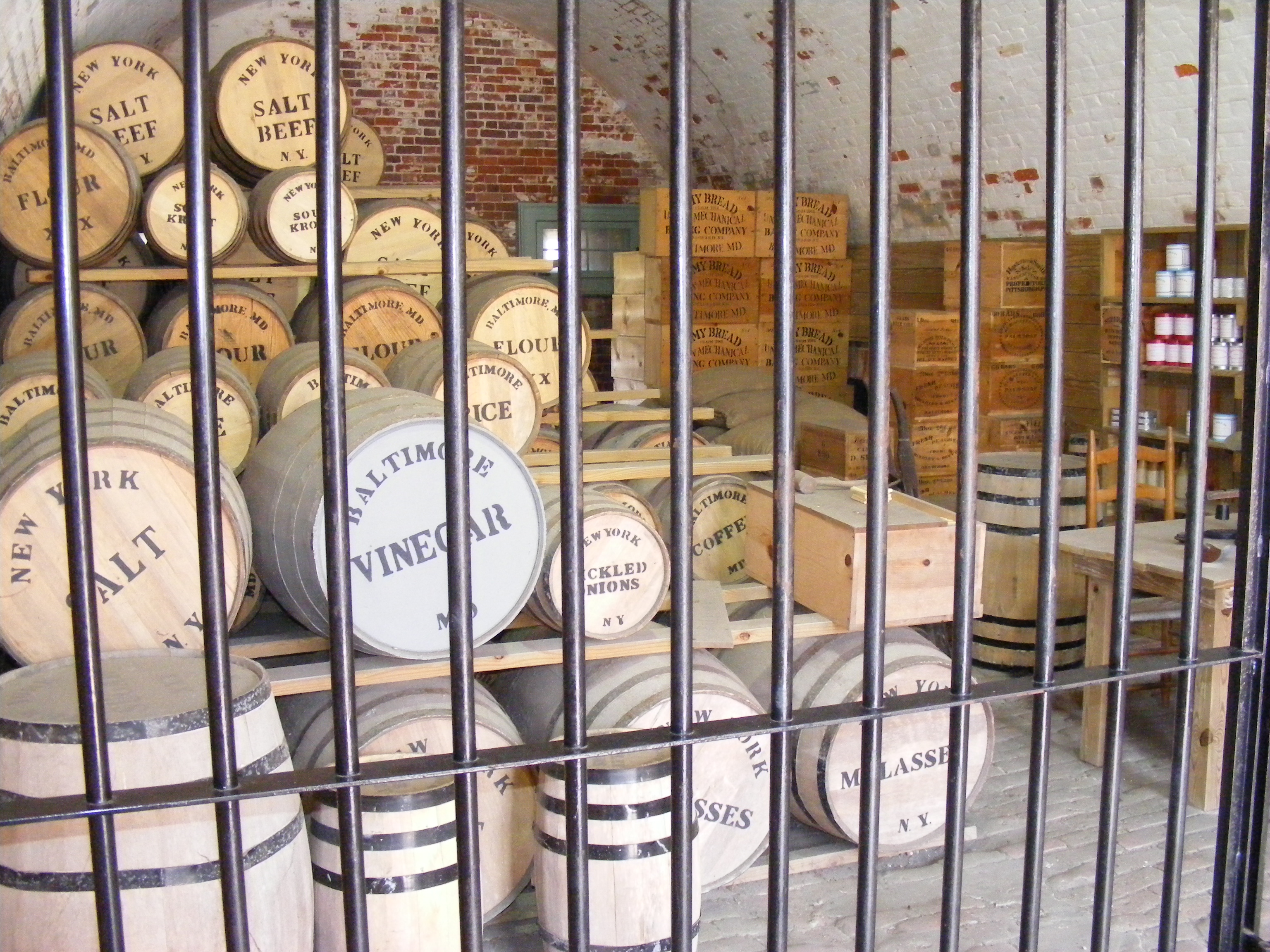 Recreation of a American Civil War rations storeroom at Fort Macon State Park, North Carolina