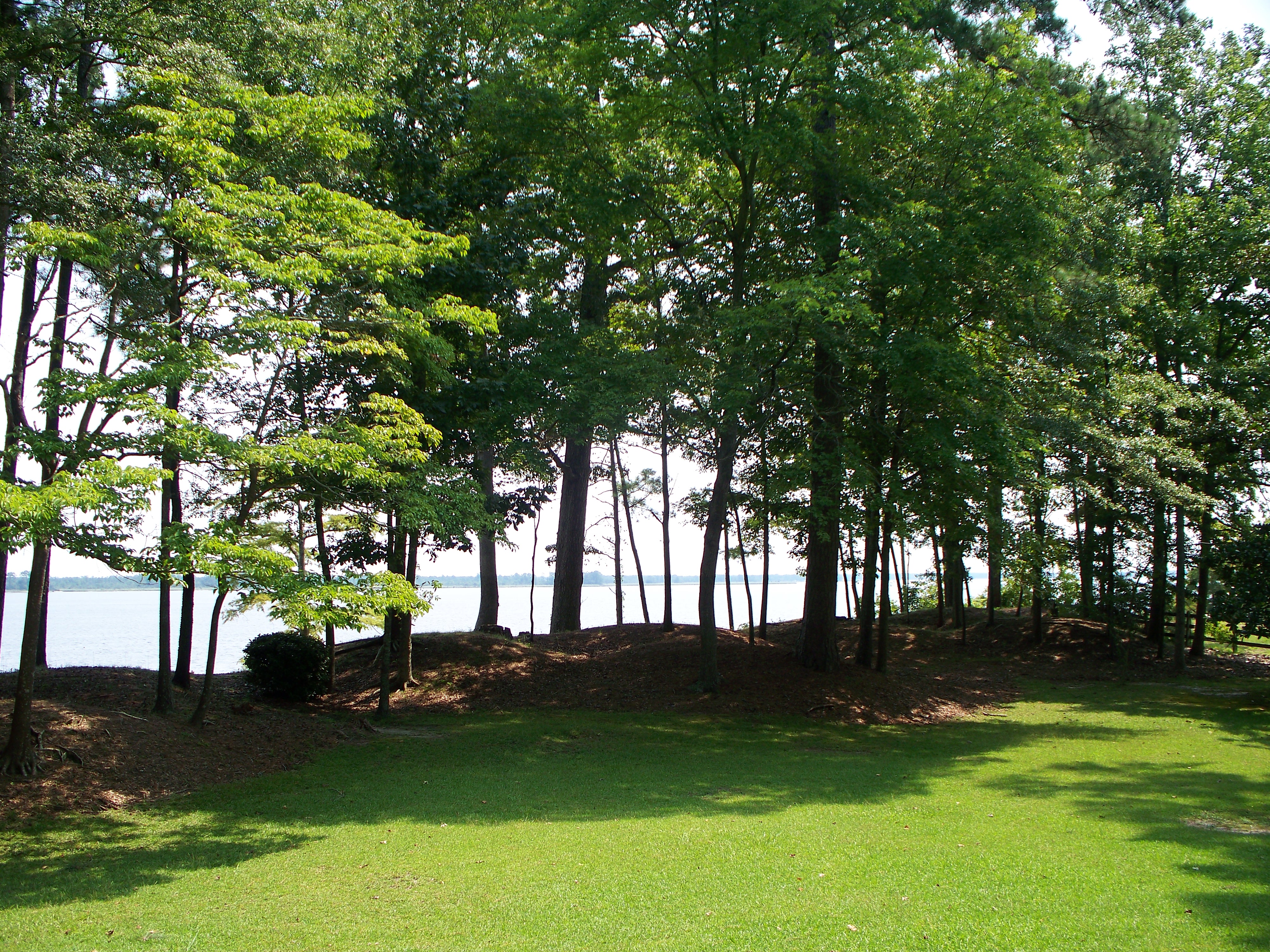 The earthen works are all that remain of Fort Thompson. They now constitute part of the backyard of a private home fronting the Neuse River in New Bern.