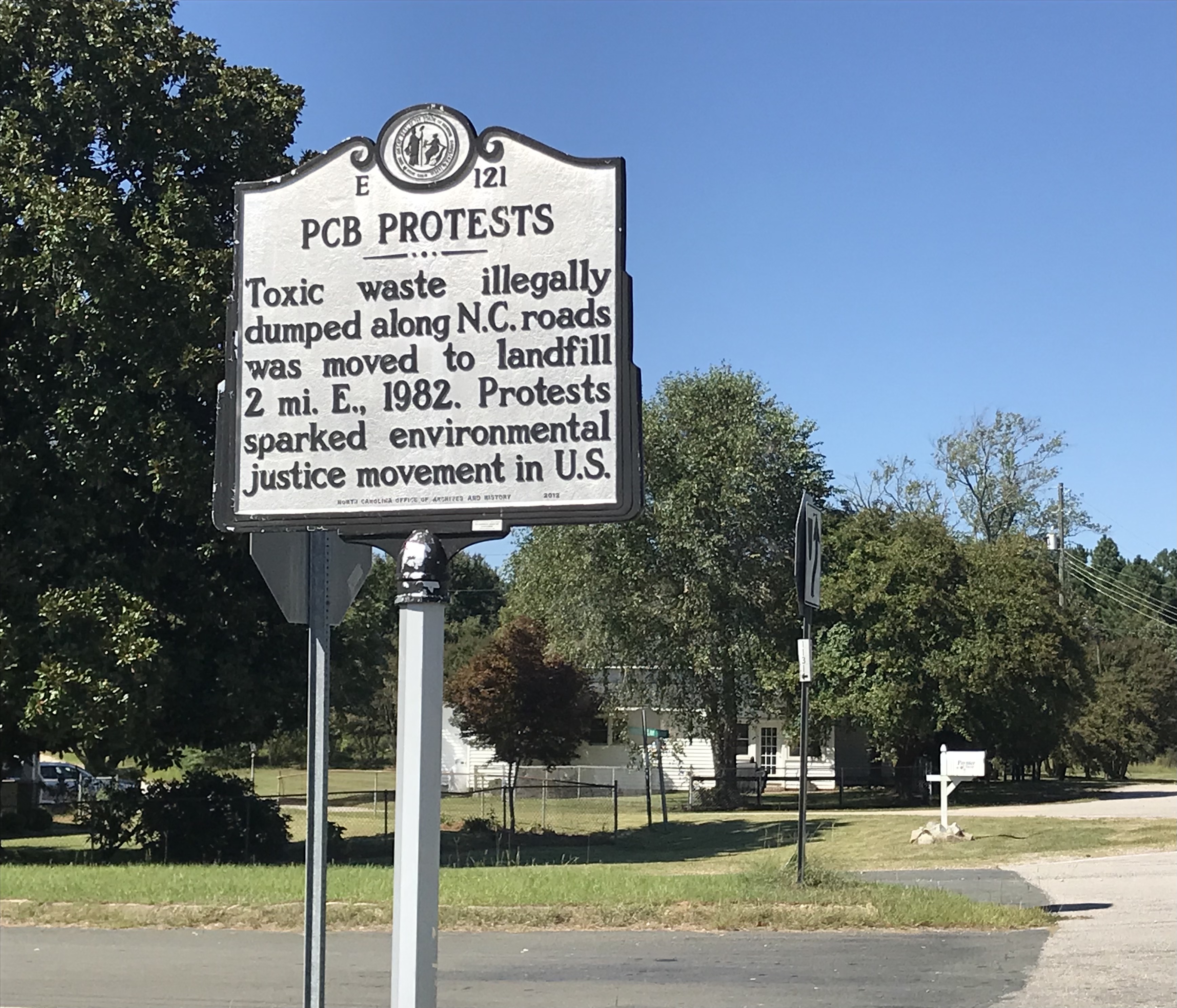 NC Highways Historical Marker for PCB landfill protests in Afton, North Carolina