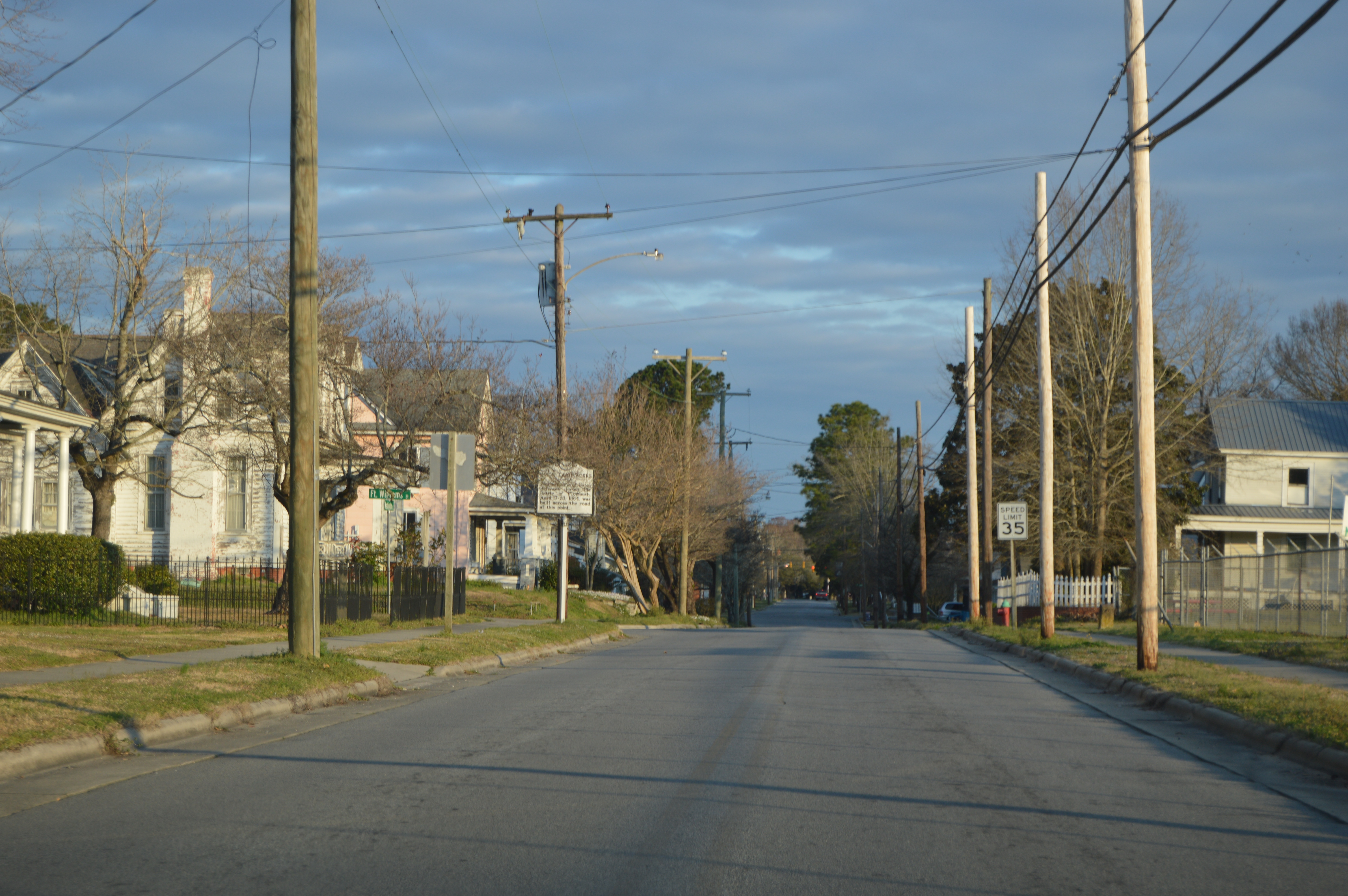 Looking north on Washington Street, toward Fort Williams Street, Plymouth, North Carolina, United States.  This was the site of battle lines during the Battle of Plymouth in the American Civil War.