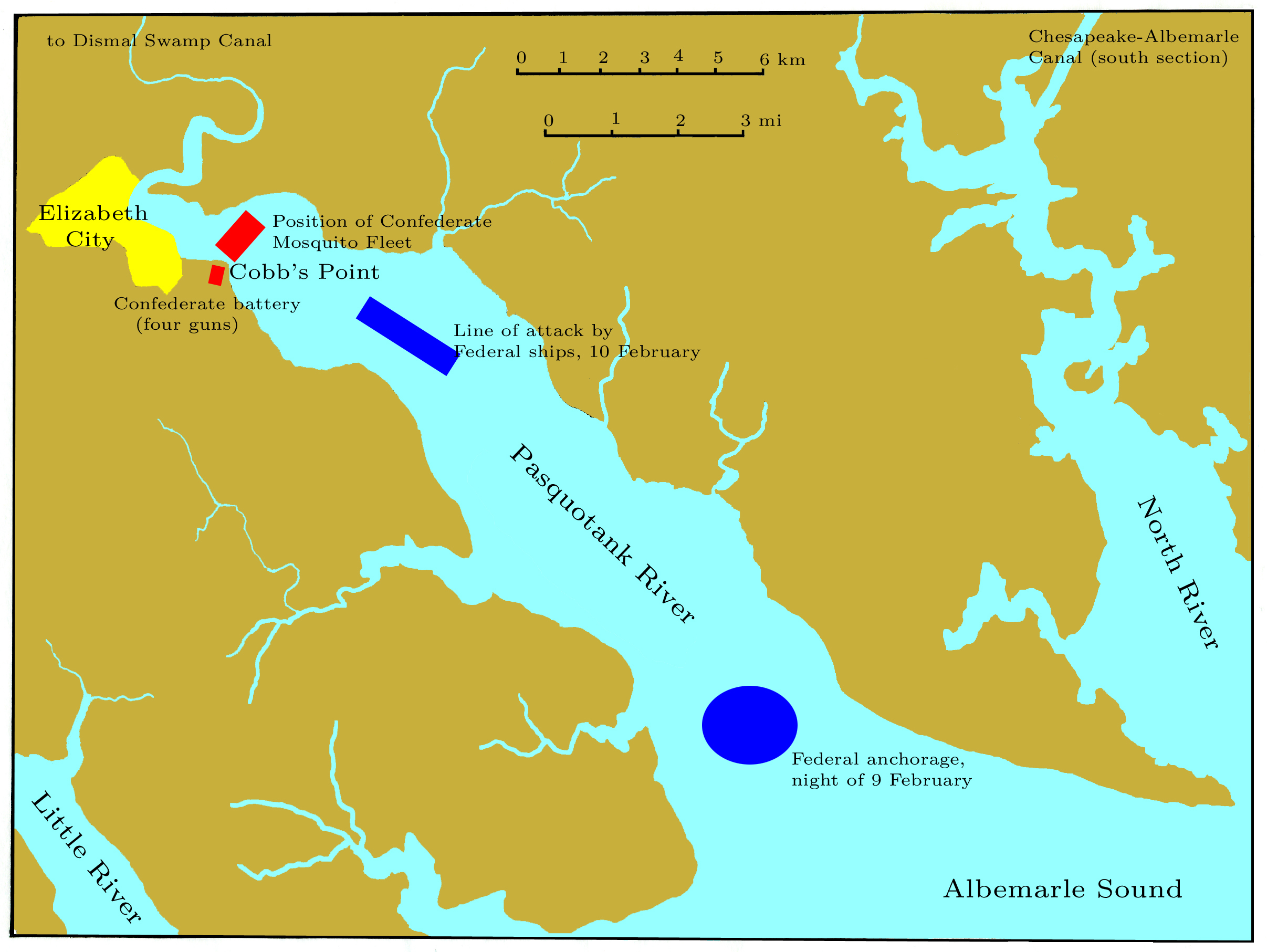 Chart of the Pasquotank River near Elizabeth City, NC, showing the Confederate defenses and the attacking Federal column of ships at the Battle of Elizabeth City, 10 February 1862.