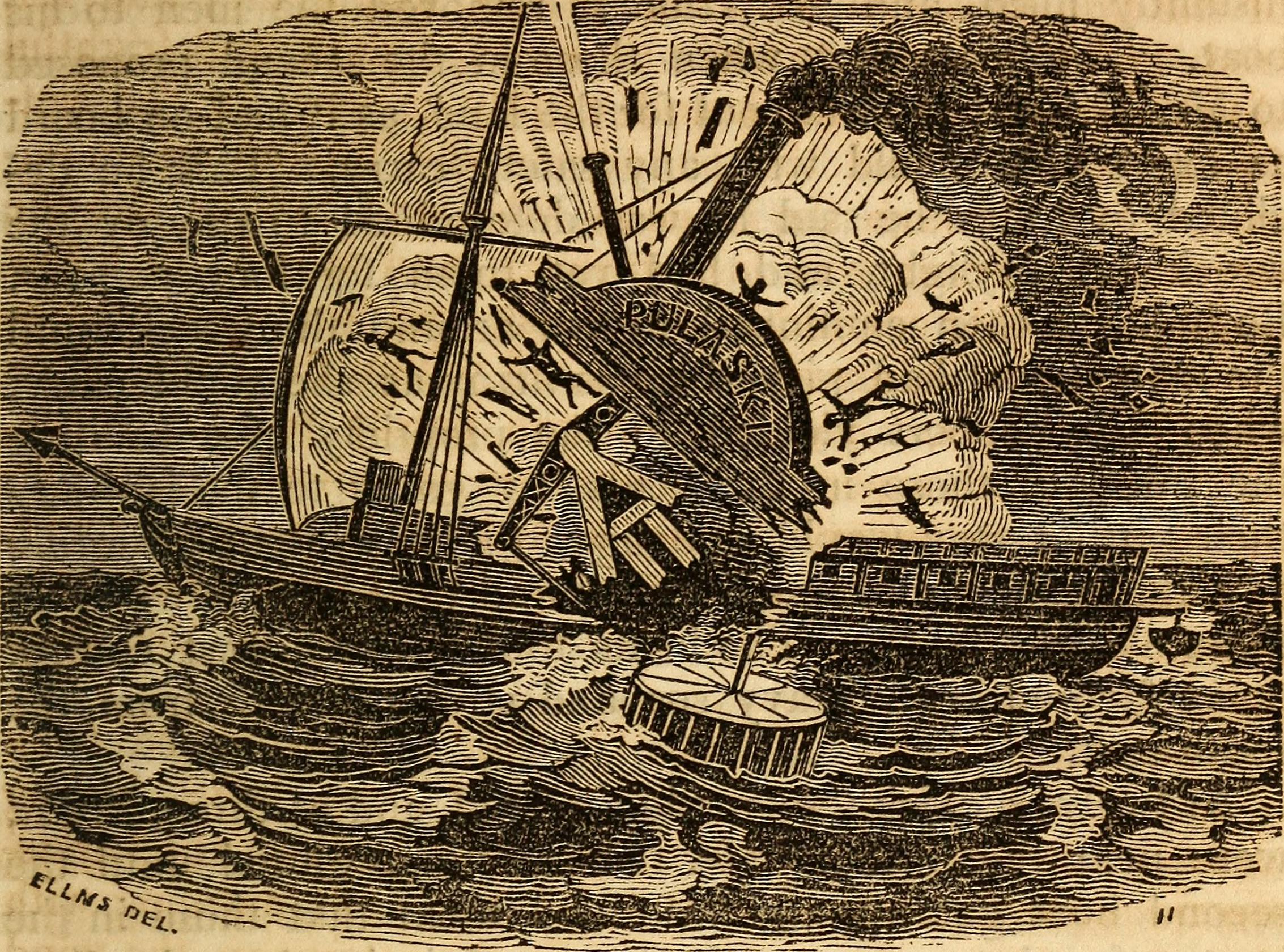 An illustration of the Steamship Pulaski disaster, an 1838 boiler explosion