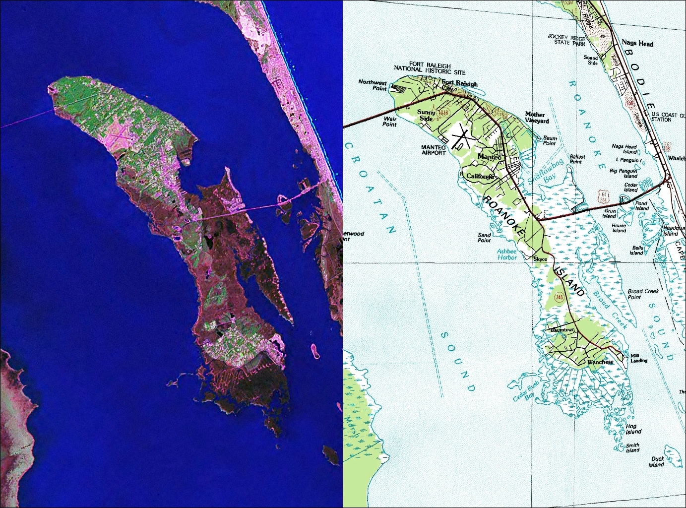 NASA World Wind Geocover 2000 and topographic map coverage of Roanoke Island, North Carolina
