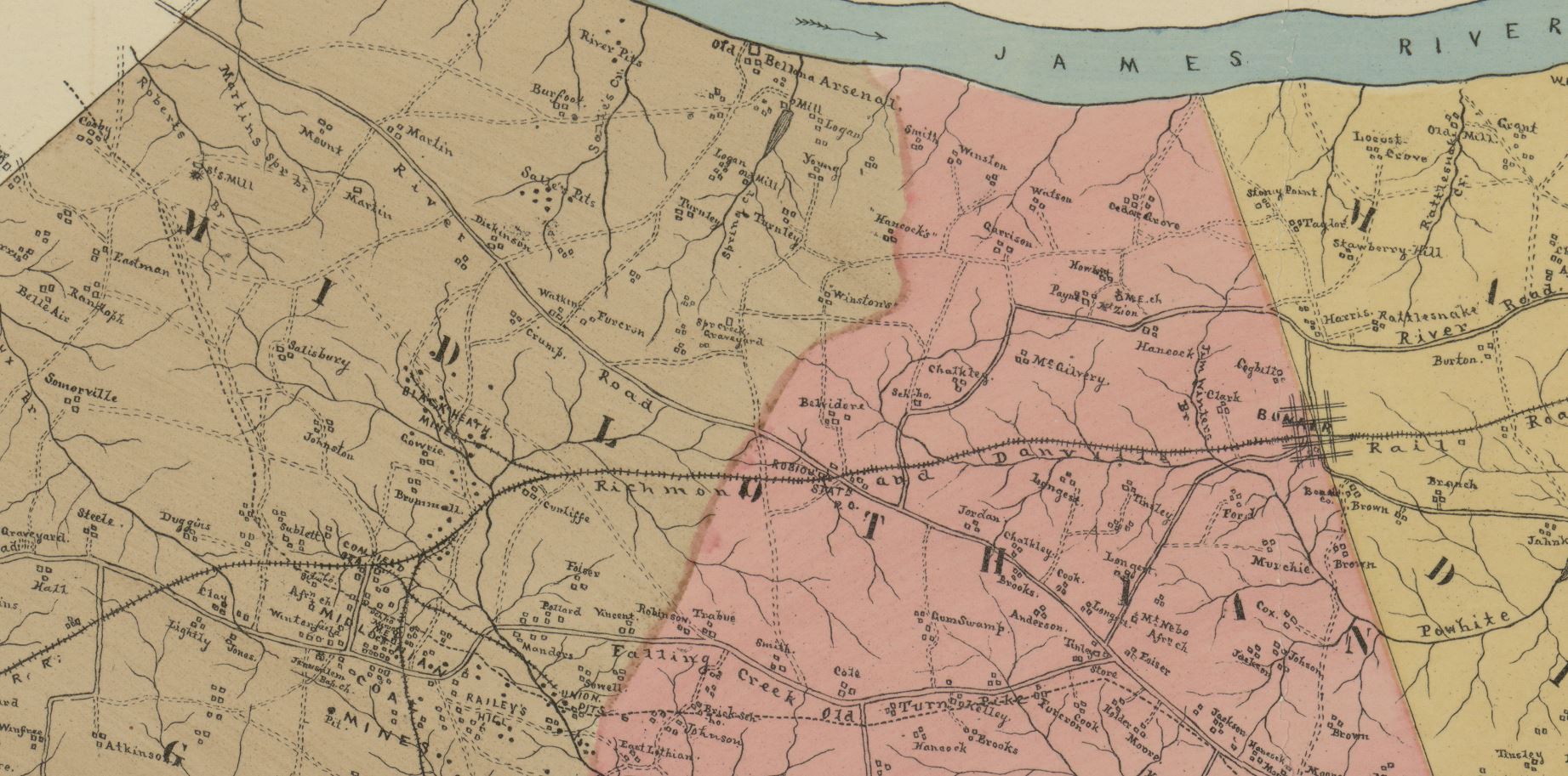 Map of Chesterfield County, Virginia 1888 (cropped to Midlothian mines area)