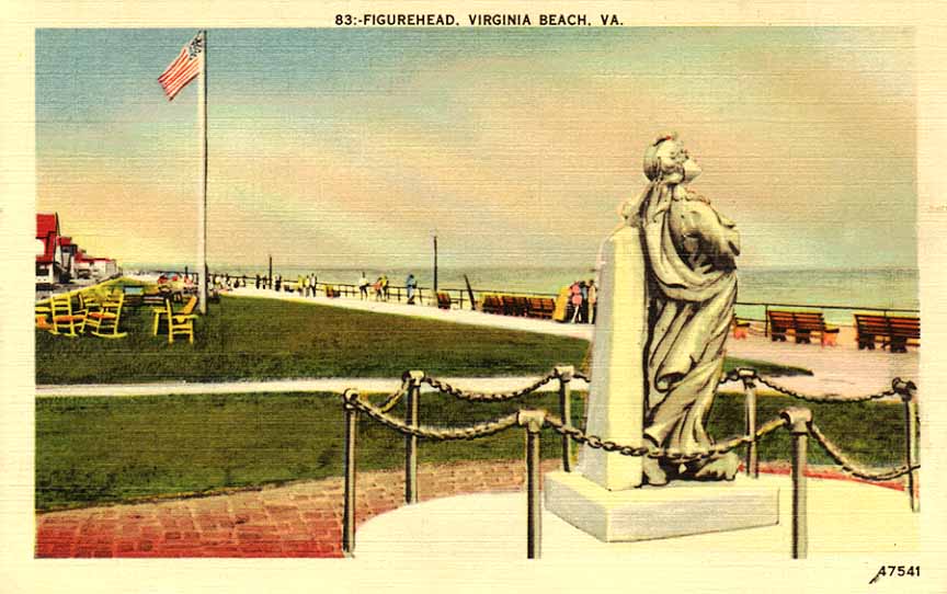 Postcard of the original Norwegian Lady figurehead memorial at Virginia Beach, Virginia, United States.