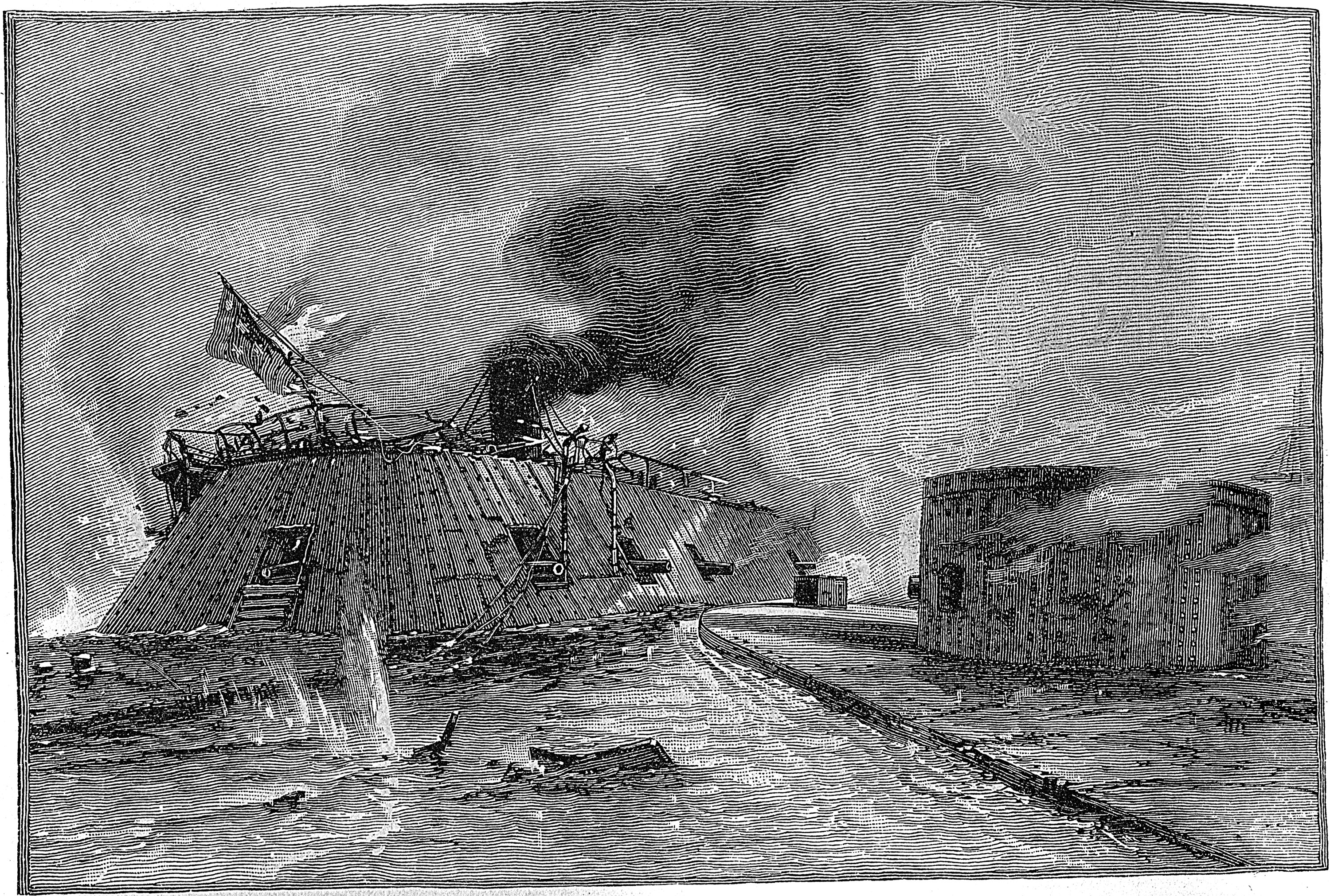 Battle Between the Monitor and Merrimac, from an old wood engraving.